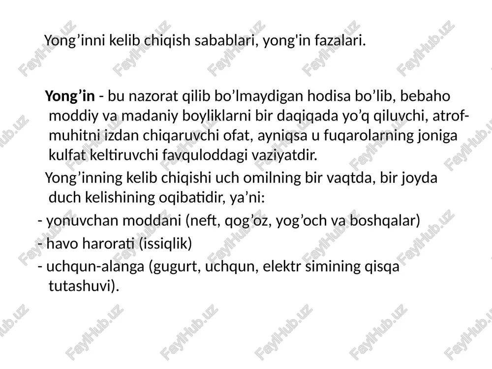 shuning uchun ham o’zbekiston respublikasi vazirlar mahkamasining 1997 yil 23 dekabrdagi 558-son qarori bilan e’lon qilingan favqulodda vaziyatlar davlat tizimining hamda “aholini va xududlarni tabiiy va texnogen xususiyatli favqulodda vaziyatlardan muhofaza qilish to’g’risida”gi va 2000 yildagi «fuqaro muhofazasi to’g’risida» gi o’zbekiston respublikasi qonunining asosiy maqsadi: fuqarolarni himoya qilish hamda portlash va yong’in tufayli va boshqa sabablar orqali zarar ko’rgan ob’ektlarning avvalgi ish faoliyatini iziga solib yuborish chora-tadbirlarini ko’rishi hisoblanadi. image1.png image2.png image3.jpeg image4.png image5.png image6.gif image7.emf image8.png image9.png image10.png image11.png image12.png image13.png image14.png image15.png image16.png image17.png image18.png image19.png image20.png image21.png image22.png /docprops/thumbnail.jpeg