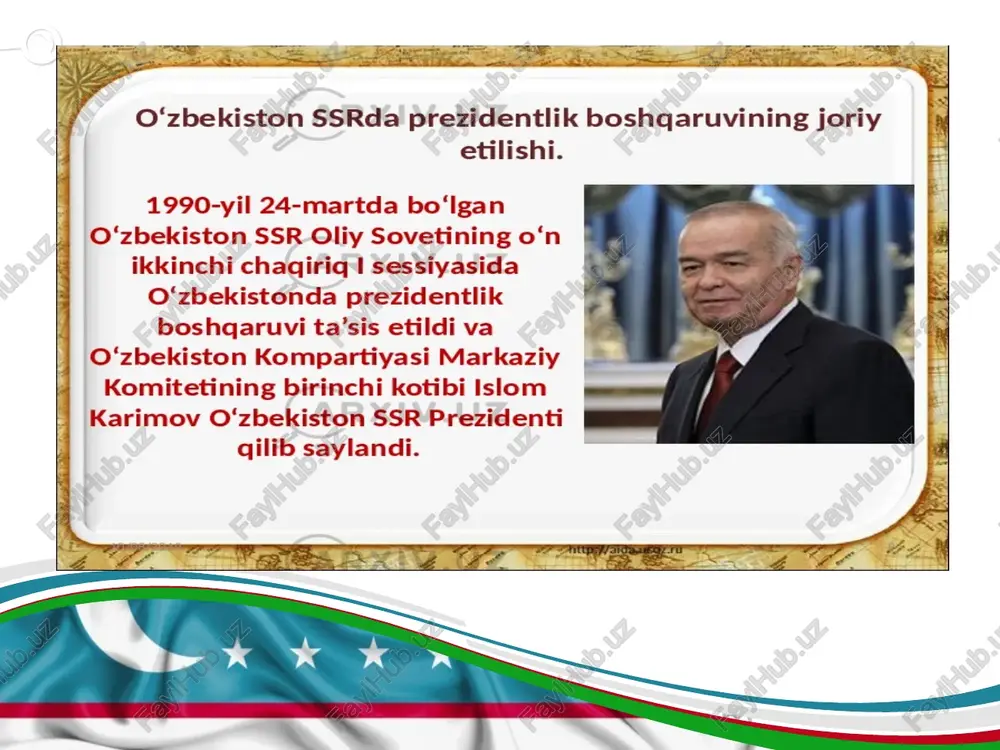 ishni ta’minladi. u tub negizida boshqa davlatlarning ichki ishlariga aralashmaslik va vujudga kelayotgan qarama-qarshilik va mojarolarni faqatgina tinch, siyosiy yo‘l bilan hal etishga asoslangan tinchlikparvar siyosat mujassam bo‘lgan o‘zbekiston respublikasining tashqi siyosat konsepsiyasini ishlab chiqdi va amalga oshirdi. davlatimiz rahbari mintaqamizda va butun dunyoda tinchlik va barqarorlikni saqlashga ulkan hissa qo‘shdi. islom abdug‘aniyevich karimovning tashabbusi asosida, eski qolip va mezonlardan butunlay voz kechgan holda, keng miqyosdagi kadrlar tayyorlash milliy dasturi, ta’lim-tarbiya tizimini eng zamonaviy xalqaro standartlar bo‘yicha tubdan o‘zgartirishga qaratilgan islohotlar dasturi ishlab chiqildi va hayotga joriy etildi. www.presentationgo.com by: .com © presentationgo.com o’zbekiston mustaqillik deklaratsiyasi 1990- yil 18- iyun kuni xii chaqiriq res¬publika oliy ken¬gashining ikkin¬chi sessiyasi ochildi. deputatlarning taklifi bilan o‘zbe¬kistonning mustaqillik deklaratsiyasini qabul qilish masalasi sessiya kun tartibiga kiritildi. oliy kengashning doimiy komissi¬ya¬lari, faol deputatlar va huquqshunos mutaxassislar tomonidan ishlab chiqilgan mustaqillik deklaratsiyasi matni sessi¬yada qizg‘in muhokama qilindi va 20- iyun kuni qabul qilindi. mustaqillik deklaratsiyasi 12 …