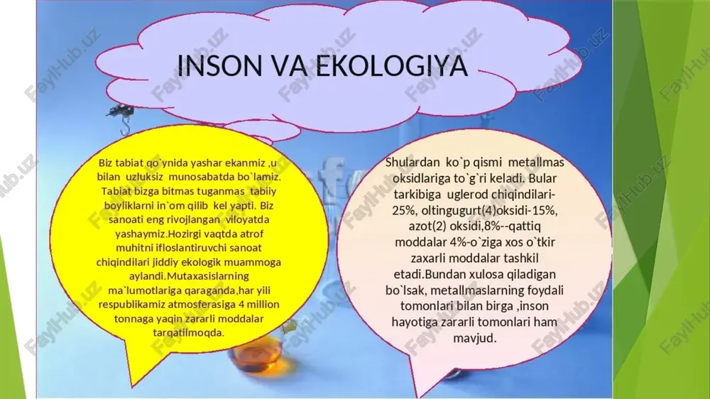 ing ancha miqdori yetib kelmaydi. yorug‘likning yetarli bo‘lmasligi natijasida d vitamini yetishmasligi rivojlanadi. shu sababli ko‘pchilik shahar aholisi o‘zlarining dam olish vaqtlarini tabiatda, tabiiy sharoitda o‘tkazishga harakat qilishadi. qishloq ekologik sistemalari o‘z xususiyatlari jihatidan shahar ekosistemasidan ancha farq qiladi. qishloqlarda hayvon va o‘simlik turlarining xilma-xilligi kuzatiladi. hayvonlar orqali yuqadigan yuqumli va parazit organizmlar orqali vujudga keladigan kasalliklar qishloqlarda ko‘proq uchraydi. qishloq xo‘jaligida pestitsidlar, gerbitsidlar va boshqa kimyoviy moddalarning ko‘p ishlatilishi qishloq aholisining sog‘ligiga zararli ta’sir ko‘rsatishi mumkin. uyga vazifa 1. inson ekologiyasi fani nimalarni o‘rganadi? 2. insonning ekologik omil sifatida o‘ziga xosligini nimalarda deb bilasiz? 3. inson ekologiyasi fanining vazifasi nimalardan iborat? 4. adaptiv tiplar deganda nimani tushunasiz? 5. adaptiv tiplardagi moslanishlarni tushuntirib bering? quyidagi holatni qanday izohlaysiz? image1.jpeg image2.jpeg image3.jpeg image4.jpeg image5.jpeg image6.wmf /docprops/thumbnail.jpeg