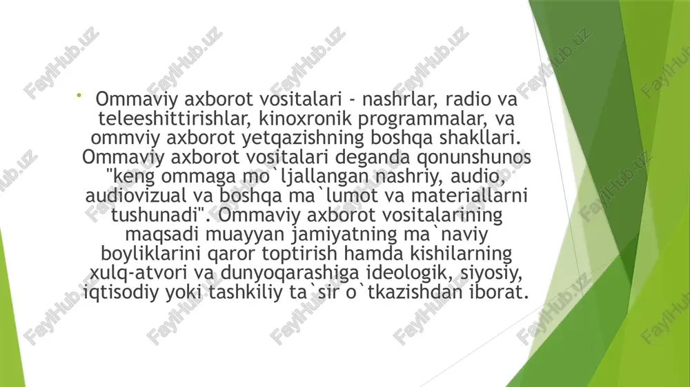 , sistemalashtirish va tahlil etish bilan shug`ullanar ekan, xulosa qilish mumkinki, jurnalistika qanchalik yuqori sifatga ega bo`lsa, o`ziga yuklangan vazifalarni to`liq bajaradi, jamiyat rivojlanish tendentsiyalarini belgilaydi va uning rejalarini ishlab chiqadi. oav axborot ijtimoiy iqtisodiy siyosiy bugungi kunda ko`plab ommaviy axborot kanallari internetda o`z versiyalariga ega. elektron gazetalar paydo bo`ldi. bir so`z bilan aytganda bizning oavlarimiz butunjahon jurnalistikasi tizimiga kirib bormoqda. hozir nafaqat bizning auditoriyamiz chet el oavlari bilan tanisha oladilar, balki chet el auditoriyasi ham internet orqali bizning gazeta va jurnallarimiz bilan tanisha oladilar. ya`ni, bunday holat jamiyatimizni yanada yorqinroq va ochiqroq qilib bormoqda. endilikda chet el manfaatdor institutlari va doiralari bizdagi jarayonlar haqida o`zlari xulosa chiqara oladilar va o`zlari vaziyatni oldindan ko`ra oladilar, jamiyaitimiz taraqqiyoti stsenariysini tuza oladilar. bularning hammasi o`zbekiston respublikasi axborot kanallariga mas`uliyat yuklaydi. tahririyat jamoalari oav ta`sischilari hayotimizning og`riqli jihatlarini o`zlari ko`tarib chiqmasalar, mavjud ziddiyatlarning xal etilishiga yordam berishga intilmasalar, buni birinchi galda opponentlarimiz amalga …