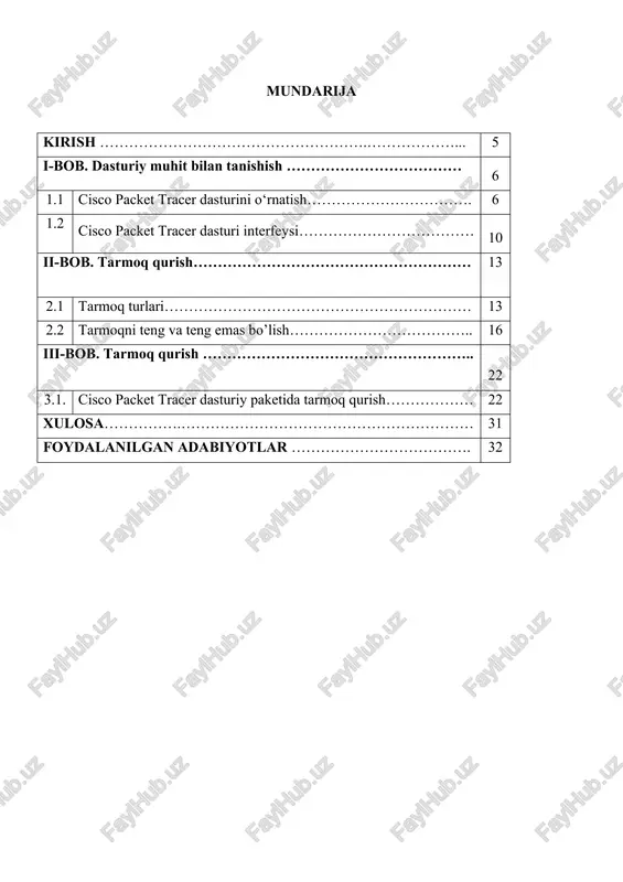 satri joylashgan: · file menyusi tarmoq topologiyasini tavsiflovchi faylni saqlash va ochish buyruqlarini o’z ichiga oladi; . · edit menyu ostisi ishchi maydondagi tasvirni tahrirlash imkonini beruvchi buyruqlarini o’z ichiga oladi; · options menyu ostisi ishchi maydon sozlamalari uchun xizmat qiladi; · view menyu ostisi foydalanuvchi interfeysi parametrlarini sozlash buyruqlaridan iborat; · tools menyu ostisi qurilmalarning qo’shimcha modelini yaratish imkonini beruvchi buyruqlardan iborat; · extensions menyu ostisi yordamchi dasturlarga ruxsat berishni ta’minlash imkonini beradi; · help menyu ostisi ma’lumotnomaga murojaat qilish, o’quv materiallarni ko’rish yoki cisco packet tracer dasturining joriy versiyasini ko’rish imkonini beruvchi buyruqlardan iborat. menyular satri ostida yuqori uskinalar paneli joylashgan. yuqori uskunalar panelida joylashgan tugmalarining birinchi qatori cisco packet tracer dasturi bosh menyular satrining eng ko’p qo’llaniladigan buyruqlaridan tashkil topgan yorliqlardan iborat: · new – yangi model yaratish; · open – modelni fayldam yuklash; · save – modelni faylga saqlash; · print – modelni printerdan chop qilish; …