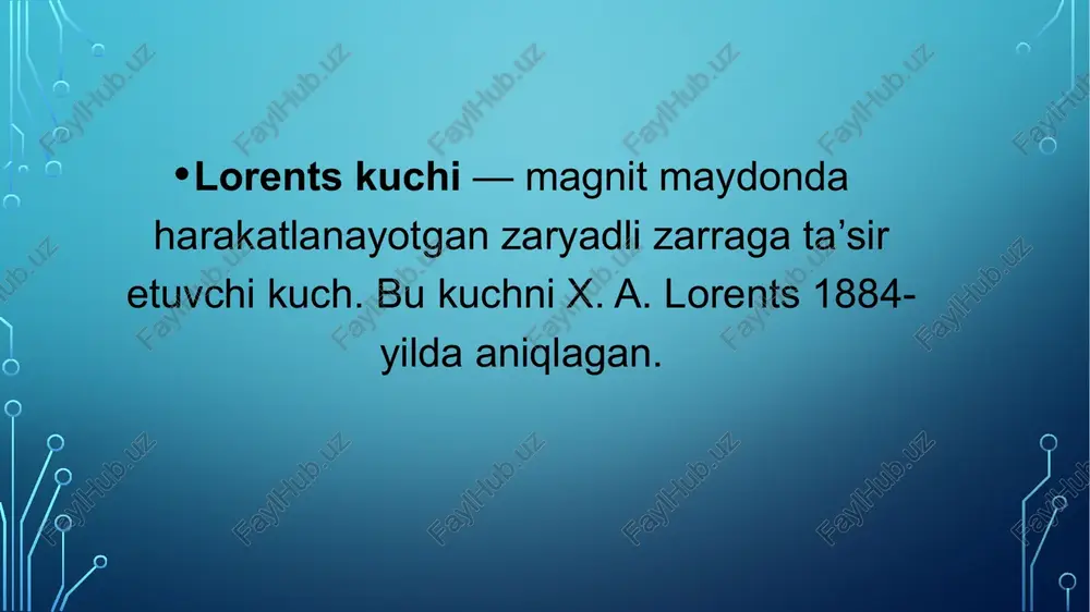 duksiyasi 0,2 t bo‘lgan bir jinsli magnit maydonining kuch chiziqlariga perpendikulyar yo‘nalishda 10 mm/s tezlik bilan hara- katlanayotgan protonga qanday markazdan qochma kuch ta’sir qi- lishini toping. image2.png image3.jpeg image4.jpeg image5.tmp /docprops/thumbnail.jpeg