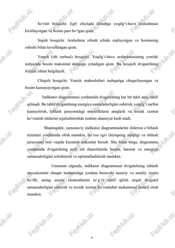 lib keladi, lekin yuqori bosim dvigatel qismlariga ortiqcha yuk tushish xavfini ham yaratadi. o‘rtacha bosim (pm): ish sikli davomida silindr ichidagi o‘rtacha bosim ko‘rsatkichidir. o‘rtacha bosim dvigatelning samarali quvvatini aniqlashda muhim rol o‘ynaydi. pm qanchalik yuqori bo‘lsa, dvigatel shunchalik ko‘p foydali ish chiqaradi. ishchi hajm (vi): porshenning pastki va yuqori holati orasidagi silindr hajmi farqi. bu hajm indikator diagrammasi orqali aniq ko‘rsatiladi va dvigatelning quvvat hisob-kitoblarida asosiy parametrlardan biri hisoblanadi. ishchi zarba energiyasi (wi): indikator diagrammasidagi egri chiziq ostidagi maydon ishchi zarba energiyasini ko‘rsatadi. bu koʻrsatkich dvigatelning foydali ishini aniqlash va energiya samaradorligini baholash imkonini beradi. chiqindilar energiyasi (wf): yonish jarayonidan keyin silindr ichida qoladigan gazlar energiyasi. chiqindilar energiyasi qancha kam bo‘lsa, dvigatel shunchalik samarali ishlaydi. siqish darajasi (ε): silindr ichidagi bosim va hajm o‘zgarishiga asoslangan ko‘rsatkich bo‘lib, dvigatelning yonilg‘i samaradorligi va ishlash xususiyatlarini belgilaydi. yuqori siqish darajasi energiya samaradorligini oshiradi, lekin dvigatel qismlariga ortiqcha yuk tushish xavfini ham oshiradi. …
