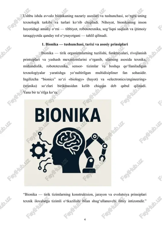 k yechimlarni yanada samaraliroq qilishga xizmat qiladi. 2. bionikaning turlari va texnologik yondashuvlari bionikaning turlari bionika – bu tirik organizmlardagi printsiplarni texnik tizimlarga tatbiq qilish yo‘nalishi, va uning ichida turli turlar (yo‘nalishlar) mavjud. quyida eng keng tarqalgan turlari tahlil qilinadi: neyroprotezalar va biokitma-interfeyslar (neuroprosthetics / brain-computer interfaces) ushbu yo‘nalishda sun’iy qo‘l-oyoqlar, qo‘shimcha asab-interfeyslar, miyadan yoki mushaklardan signallarni o‘qiydigan va uni qurilmaga uzatadigan tizimlar ishlab chiqiladi. masalan, yuqori darajada tadqiq qilingan soha — “upper-limb prosthetic control” bo‘lib, so‘nggi o‘n yillikda yuzlab tadqiqotlar bu yo‘nalishda olib borilgan. bunday tizimlarda asosiy maqsad: inson mushaklari yoki miyasi tomonidan generatsiya qilingan signallar orqali sun’iy qo‘l-oyoqni boshqarish, va shu bilan birga sezgi (tactile) ma’lumotni ham qabul qilishni ta’minlash. shu bilan birga, “nega faqat mexanik harakat emas balki sezgi ham kerak?” degan savolga bunday javob beriladi — chunki tabiiy qo‘l ishlashi uchun nafaqat harakat balki sezish ham zarur. biomimetika / biologik ilhomlangan texnologiyalar (biomimetic robotics / bio-inspired …