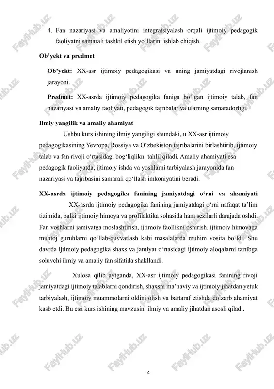 loqasi samarali va maqsadli tarzda tartibga solinadi. xx-asr kontekstida fan predmeti: sanoatlashuv va urbanizatsiya sharoitida shaxsning ijtimoiy moslashuvi va tarbiyasi dolzarb mavzu bo‘ldi; sovet davrida jamoaviy tarbiya, mehnat va mas’uliyat asosidagi ijtimoiy pedagogik faoliyat fan predmetining markaziy qismiga aylandi; yevropa tajribasi esa yetim bolalar, kambag‘al va ijtimoiy himoyaga muhtoj shaxslarni jamiyatga moslashtirish jarayonini chuqur tadqiq etishga yo‘naltirdi. shunday qilib, ijtimoiy pedagogika fanining predmeti shaxsning ijtimoiy muhit bilan o‘zaro aloqasi, jamiyatdagi ijtimoiy talablar, pedagogik faoliyat va ijtimoiy himoya tizimlarini tizimli ravishda o‘rganishdir. bu esa fan ilmiy va amaliy asoslarini mustahkamlash, pedagogik jarayonni samarali tashkil etish va shaxsni jamiyatga tayyorlash imkonini beradi. ijtimoiy pedagogika fanining maqsadi va vazifalari maqsadi: ijtimoiy pedagogika fanining asosiy maqsadi shaxsning ijtimoiy muhitga moslashuvini ta’minlash, uning ijtimoiy faolligini rivojlantirish va jamiyatdagi ijtimoiy muammolarni oldini olishdan iborat. xx-asr sharoitida fan maqsadi kengaydi, chunki jamiyatda urbanizatsiya, sanoatlashuv, demografik o‘sish va ijtimoiy tengsizlik shaxs va jamoalar faoliyatiga yangi talablar qo‘ydi. fan …