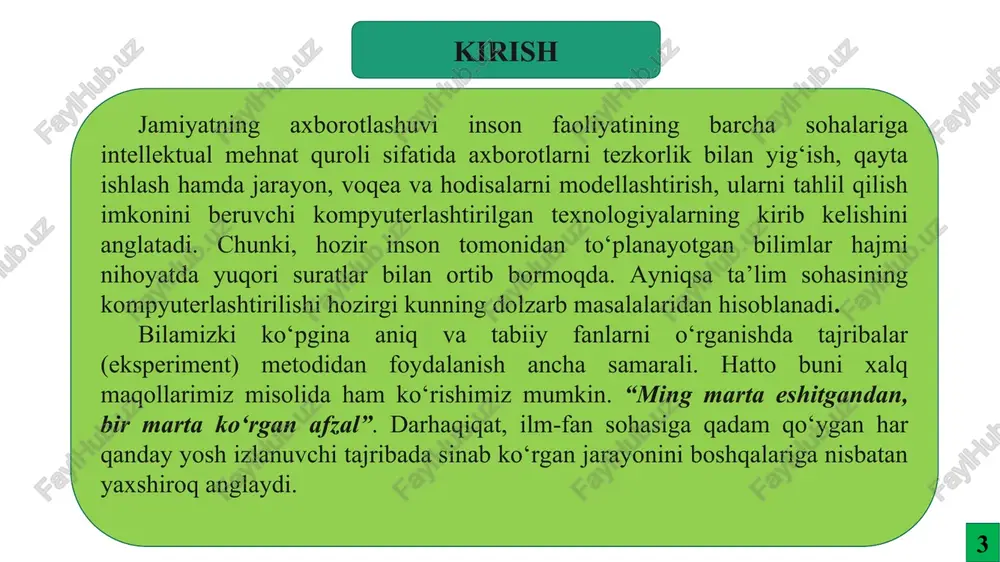 lishga imkon beradi. 7 fizika va astronomiya fanidan laboratoriya ishlariga tayyorgarlik jarayonida bajariladigan topshiriqlar va ularni bajarish bo‘yisha tavsiyalar berilgan. modulning maqsadlariga qarab, laboratoriya ishlarini bevosita bajarish va olingan natijalarni qayta ishlash bir yoki bir neshta o‘quv elementlari hisoblanadi. modulni ishlab shiqish bo‘yisha tavsiyalar ushbu laboratoriya ishini bajarishda mehnatni muhofaza qilish talablarini ko'rsatishi kerak. har qanday modulli dasturning oxirgi o‘quv elementi yakuniy nazorat bo‘lib, u talabaning qo‘yilgan didaktik maqsadga erishganligini tekshirish vazifasini bajaradi. bunda test topshiriqlari ham, nazorat savollari ham harakat qilishi mumkin. modulli dasturlardan foydalanish o‘qituvshi tomonidan ko'rsatilgan yoki yo'riqnomada tasvirlangan harakatlarni rasmiy takrorlashdan laboratoriya ishlarini ongli ravishda bajarishga va natijada o'rganilayotgan materialni yuqori darajada o'zlashtirishga o‘tishga imkon beradi. 8 1.2§.oliy ta’lim muassasalarida astronomiya fanini o’qitishning talablari mazkur malaka talablari ”oliy ta’lim davlat ta‘lim standarti. asosiy qoidalar”, ”oliy ta'lim davlat ta’lim standarti. oliy ta’lim yo‘nalishlari va mutaxassisliklari klassifikatori”, o‘zbekiston respublikasi milliy va tarmoq malaka doiralari (ramkasi), kasbiy standartlar va …