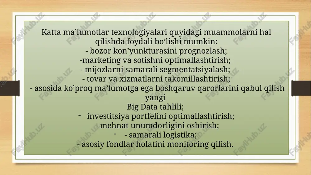ce) orqali to‘xtash vaqtini kamaytirish mumkin. bundan tashqari, ishlab chiqarish zanjiri (supply chain) boshqaruvi va mahsulot sifatini nazorat qilishda ham katta ma’lumotlardan foydalaniladi. sanoatda bu texnologiya ish jarayonini modernizatsiya qilish va samaradorlikni oshirishga xizmat qiladi. big data texnologiyasi zamonaviy raqamli dunyoda ajralmas vosita bo‘lib, katta hajmli, tez o‘suvchi va turli-tuman ma’lumotlarni qayta ishlash va tahlil qilish imkonini beradi. ushbu texnologiya yordamida tashkilotlar, korxonalar va ilmiy markazlar nafaqat mavjud ma’lumotlarni samarali boshqaradi, balki kelajakdagi tendensiyalarni prognoz qilish, qaror qabul qilishni tezlashtirish va resurslarni optimallashtirish imkoniyatiga ega bo‘ladi. katta ma’lumotlar tahlili va ishlov berish usullari — tozalash, transformatsiya, saqlash va turli algoritmlar yordamida chuqur tahlil — turli sohalarda katta amaliy foyda beradi. masalan: sog‘liqni saqlashda bemorlarni kuzatish, kasalliklarni prognozlash va shaxsiylashtirilgan davolash. moliyaviy sohada kredit xavfini baholash, firibgarliklarni aniqlash va bozorni prognoz qilish. chakana savdo va e-commerceda mijoz xatti-harakatini tahlil qilish va talabni oldindan aniqlash. transport va logistikada marshrutlarni optimallashtirish va yuk …