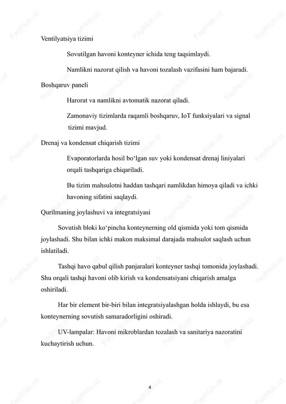 markaziy elementi — kompressor bo‘lib, u sovutish moddasini (refrigerant) siqib, bosimini oshiradi. siqilgan gaz kondensatorga yetkaziladi, u yerda issiqlik tashqi muhitga chiqariladi va sovutish moddasining harorati pasayadi, suyuq holatga keladi. shu jarayonda energiya samarali ishlatiladi, va tashqi havoning ta’siri minimal darajada bo‘ladi. kondensatdan chiqqan sovutish moddasining suyuq shakli evaporatorga kiradi. evaporator konteyner ichidagi havo bilan bevosita aloqada bo‘ladi. bu yerda sovutish moddasi bug‘lanadi, bug‘lanish jarayonida esa havo ichidagi issiqlik so‘riladi va havoning harorati tushadi. shu bilan birga, konteyner ichidagi ventilyatorlar sovutilgan havoni teng taqsimlaydi, har bir mahsulot qatori atrofida havo aylanishini ta’minlaydi. natijada, konteyner ichidagi barcha mahsulotlar bir xil haroratda saqlanadi va sifatni yo‘qotmaydi. evaporatorda hosil bo‘lgan kondensat drenaj tizimi orqali chiqariladi. bu jarayon konteyner ichidagi namlikni nazorat qiladi, mahsulotni ortiqcha namlikdan himoya qiladi va ichki havoning sifatini saqlashga xizmat qiladi. shu bilan birga, sovutish jarayoni avtomatik boshqaruv paneli orqali nazorat qilinadi. rasm 2: sovutish blokining old qismi ko‘rinishi — …