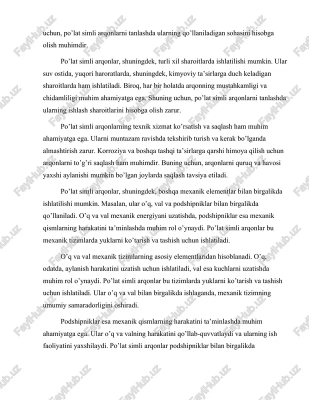 miy samaradorligini oshiradi. podshipniklar esa mexanik qismlarning harakatini ta’minlashda muhim ahamiyatga ega. ular o’q va valning harakatini qo’llab-quvvatlaydi va ularning ish faoliyatini yaxshilaydi. po’lat simli arqonlar podshipniklar bilan birgalikda ishlaganda, mexanik tizimlar ko’proq samarali va ishonchli bo’ladi. bu esa ularning ishlash muddatini uzaytiradi va texnik xizmat ko’rsatish xarajatlarini kamaytiradi. po’lat simli arqonlar, o’q, val va podshipniklar birgalikda ishlaganda, mexanik tizimlarning samaradorligini oshirishga yordam beradi. ular yuklarni ko’tarish va tashish jarayonlarini osonlashtiradi, shuningdek, mexanik energiyani uzatishda muhim rol o’ynaydi. shuning uchun, bu mexanik elementlar bir-biri bilan yaxshi mos kelishi kerak va ularning o’zaro ta’siri ishlab chiqarish jarayonida e’tiborga olinishi zarur. po’lat simli arqonlar, o’q, val va podshipniklar haqidagi ma’lumotlar, shuningdek, ularning texnik xususiyatlari va qo’llanilishi haqida batafsil ma’lumot berish, muhandislik va texnologiya sohalarida qiziqarli va dolzarb mavzulardan biridir. ularning to’g’ri tanlanishi va qo’llanilishi, sanoat va qurilish sohalarida samaradorlikni oshirishga yordam beradi. bu esa o’z navbatida, iqtisodiy samaradorlikni ta’minlaydi va texnologik taraqqiyotga …