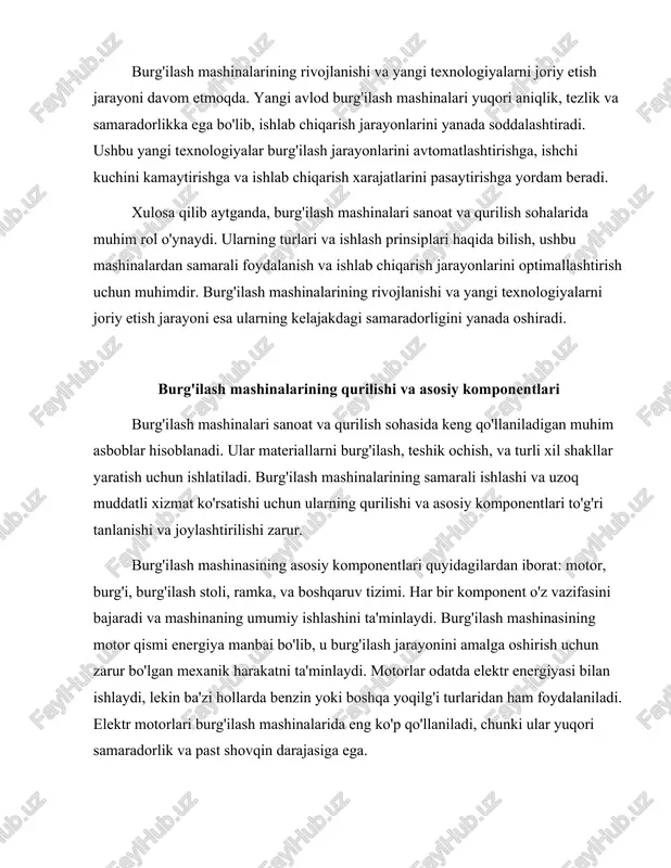 shinalarida eng ko'p qo'llaniladi, chunki ular yuqori samaradorlik va past shovqin darajasiga ega. burg'i - bu mashinaning eng muhim komponentlaridan biri bo'lib, u materialga teshik ochish jarayonida ishlatiladi. burg'ilar turli materiallar uchun mo'ljallangan bo'lishi mumkin, masalan, metall, yog'och yoki plastmassa. burg'ining shakli, o'lchami va materiali teshikning chuqurligi va kengligiga ta'sir qiladi. burg'ilar odatda qattiq metall yoki qattiq qotishmalardan ishlab chiqariladi, bu esa ularning mustahkamligini va uzoq muddatli foydalanish imkoniyatini ta'minlaydi. burg'ining kesish qismi, shuningdek, materialning xususiyatlariga qarab turlicha bo'lishi mumkin. masalan, metall uchun ishlatiladigan burg'ilar ko'pincha spiral shaklga ega bo'lib, ularning kesish qismi o'tkir va kuchli bo'lishi kerak. burg'ilash stoli - bu mashinaning boshqa muhim komponentidir. u materialni joylashtirish va burg'ilash jarayonini amalga oshirish uchun zarur bo'lgan barqaror asosni ta'minlaydi. burg'ilash stoli odatda yuqori mustahkamlikka ega materiallardan tayyorlanadi va uning o'lchami burg'ilash mashinasining turiga qarab farq qiladi. stolda joylashgan kliplar va qattiq tutqichlar materialni mahkam ushlab turish uchun ishlatiladi, bu …