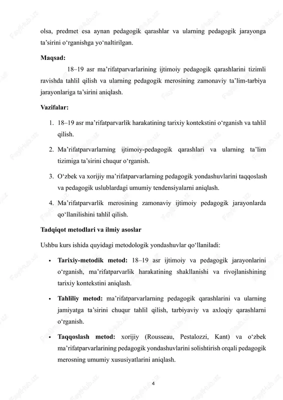 parvarlari ilm-fan, axloqiy tarbiya va jamiyatni yangilash masalalariga katta e’tibor bergan. ularning pedagogik qarashlari quyidagi asosiy tamoyillarga tayanadi: bilim va ta’limning jamiyat rivojidagi roli: ma’rifatparvarlar ta’limni nafaqat bilim olish jarayoni, balki shaxsning ijtimoiy va ma’naviy rivojlanish vositasi sifatida ko‘rgan. ular maktablarni shaxsiy rivojlanish va jamiyatni yangilashning markaziy muassasalari sifatida tushungan. axloqiy va estetik tarbiya: ma’rifatparvarlar shaxsning faqat intellektual rivojlanishi emas, balki axloqiy va estetik jihatdan kamol topishi muhimligini ta’kidlagan. ular o‘z asarlarida insonning ma’naviy barkamolligi va jamiyatdagi mas’uliyatini uyg‘un rivojlantirish masalalarini yoritgan. jamiyat va ijtimoiy adolat: ma’rifatparvarlar jamiyatdagi tengsizlik, xususiy manfaatlarning ustunligi va bilim yetishmasligi kabi muammolarga pedagogik yechimlar taklif qilgan. ularning fikricha, tarbiyalangan va bilimli shaxslar jamiyatni ijtimoiy barqarorlik va adolat tamoyillari asosida rivojlantiradi. ijtimoiy-pedagogik kontekst ijtimoiy-pedagogik kontekst – bu pedagogik jarayonlarni jamiyatning ijtimoiy, madaniy, iqtisodiy va siyosiy sharoitlari bilan bog‘lab tushunish va tahlil qilish tushunchasidir. ya’ni, pedagogik faoliyat shunchaki o‘quvchilarga bilim berish yoki tarbiya berishdan iborat emas, balki …