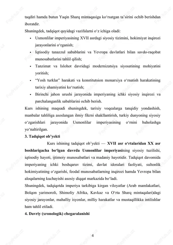 923-yilda tashkil topgan turkiya respublikasigacha bo‘lgan tarixiy bosqichni o‘z ichiga oladi. 5. kurs ishining tuzilishi va hajmi mazkur kurs ishi kirish qismidan, ikki asosiy bobdan, har bir bobda uchta kichik bo‘limdan, xulosadan va foydalanilgan adabiyotlar ro‘yxatidan iborat. · kirish qismida mavzuning dolzarbligi, maqsadi, ob’yekti, predmeti va davriy chegarasi yoritiladi. · i bobda xvii–xix asrlarda usmonlilar imperiyasining siyosiy, iqtisodiy va ijtimoiy hayoti tarixiy manbalar asosida tahlil qilinadi. · ii bobda xix–xx asr boshlaridagi islohotlar, siyosiy harakatlar, “yosh turklar” inqilobi va imperiyaning parchalanish jarayonlari ilmiy asosda ochib beriladi. · xulosa qismida tadqiqot natijalari umumlashtirilib, olingan ilmiy xulosalar keltiriladi. · foydalanilgan adabiyotlar esa zamonaviy tarixshunoslikka asoslangan o‘zbek, rus va g‘arbiy manbalarni o‘z ichiga oladi. i bob. xvii–xix asrlarda usmonlilar imperiyasining siyosiy, iqtisodiy va ijtimoiy hayoti 1.1. usmonlilar imperiyasining xvii asrdagi siyosiy holati va markaziy hokimiyat inqirozi xvii asr usmonlilar imperiyasi tarixida inqiroz va murakkab o‘zgarishlar davri sifatida tarix sahifalariga kirgan. bu asrga kelib, …