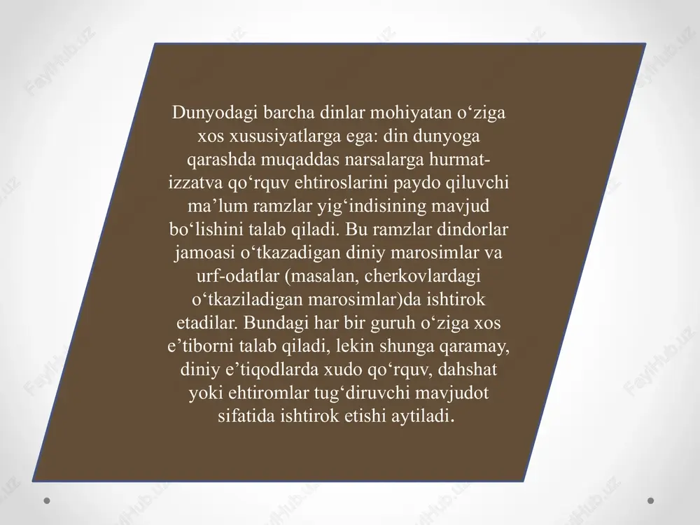 i yoki ummati dunyoda sodir bo'layotgan voqealardan chetda qololmaydi va bundan ham ko'proq unda dunyoning dolzarb muammolarini intensiv ravishda tushunish mavjud. xxi asr boshlarida xalqaro xavfsizlikka va jahondagi barqarorlikka eng ko‘p tahdid soluvchi turli radikal (ekstremistik) va terrorchilik kuchlari tomonidan “islom fundamentalizmi” shiorlaridan foydalanish hozirgi sharoitda islomga siyosiy ruh berilishining eng keskin ko‘rinishlariga aylanmoqda. jangovar anti-g'arbiyizmning asosiy mafkuraviy manbalari sifatida islom fundamentalizmi va aqidaparastlikni aytib o’tish mumkin. g'arb ularga qarshi qanday kuch ishlatmasin ular kuchayab bormoqda. dinlararo munosabatlarning globallashuvini tahlil qilish o'zaro bog'liq bo'lgan quyidagi jihatlarni ajratib ko'rsatish imkonini berdi: dinlararo munosabatlarning globallashuvi dinning tabiiy rivojlanishi va globallashuv ta'sirining natijasidir. dunyo miqyosida dinlararo munosabatlarning globallashuvi zamonaviy jamiyatning o'ziga xos xususiyati bo'lib, uning ma'naviy sohadagi tendentsiyalari va istiqbollarini aks ettiradi. dinlar davlatlararo va dinlararo munosabatlarda to'liq ishtirok etish uchun diniy ong orqali globallashuv jarayonlariga munosabatini o'zgartirishlari kerak. dinlarning mavjudlik shartlari, dunyoviy qadriyatlarning paydo bo'lishi din taraqqiyotining tabiiy evolyutsion bosqichi dinlararo munosabatlarning …