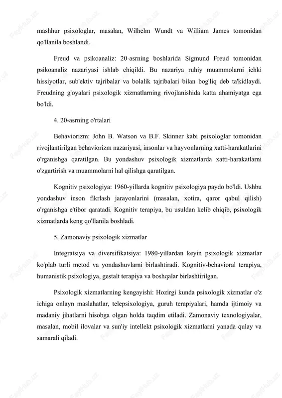 am berish uchun xizmat ko‘rsatiladi. shuningdek, ijtimoiy xizmatlar oilaviy muammolar, bolalarning ruhiy rivojlanishi va ijtimoiy moslashuvini yaxshilashda muhimdir. bugungi kunda psixologik xizmatlar nafaqat individual rivojlanish, balki ijtimoiy muammolarni hal qilishda ham muhim rol o'ynaydi. jamiyatda ijtimoiy va iqtisodiy o'zgarishlar, pandemiya kabi global hodisalar, texnologiyalarning rivojlanishi va stress darajasi oshishi insonlar ruhiy salomatligini ta'minlash zaruriyatini orttirmoqda. shu sababli, turli sohalarda psixologik xizmatlarni tashkil etish va ularning samaradorligini oshirish dolzarb ahamiyatga ega. psixologik xizmatlarning ta'lim, sog'liqni saqlash, korporativ va ijtimoiy sohalarda rivojlanishi shaxsiy va jamiyat ruhiy salomatligini saqlash va mustahkamlashga yordam beradi. bugungi kunda psixologik xizmat jamiyatda muhim o‘rin egallaydi, chunki insonlarning ruhiy salomatligi jamiyatning umumiy rivojlanishiga katta ta'sir ko‘rsatadi. ushbu xizmatlar odamlarning hissiy barqarorligini ta’minlab, ularning ijtimoiy hayotga moslashuvini yaxshilashga yordam beradi. shu sababli, psixologik xizmatlarni samarali tashkil etish, ularning sifatini oshirish va mutaxassislarning malakasini doimiy ravishda oshirib borish jamiyat uchun katta ahamiyatga ega. so‘nggi yillarda psixologik xizmatni tashkil etish borasidagi …