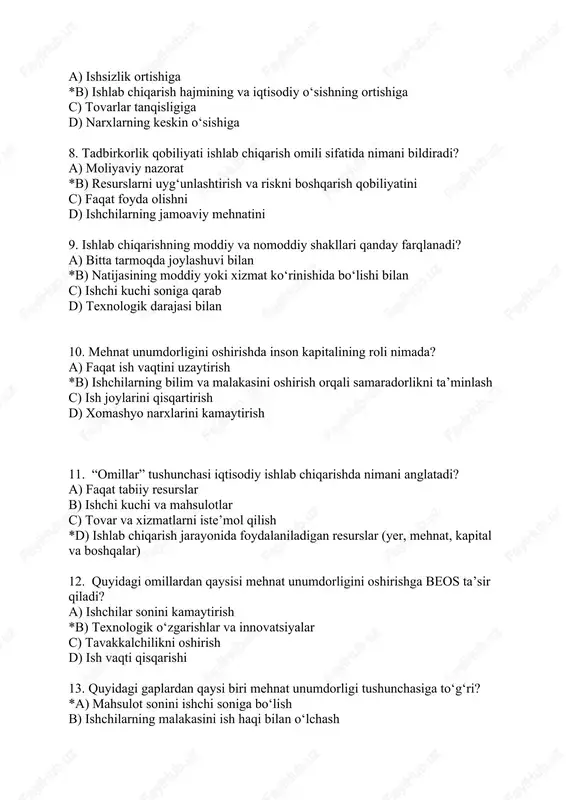 rining oshishiga d) ishchi kuchining kamligiga 18 “ishlab chiqarish hajmi ortgan sari bir birlik mahsulot tannarxining kamayishi” tushunchasi mehnat unumdorligiga qanday ta’sir qiladi? a) samaradorlikni pasaytiradi b) ishchilar sonini kamaytiradi *c) tovar birligiga tushadigan xarajatlarni kamaytiradi va unumdorlikni oshiradi d) narxlarni barqarorlashtiradi 19 ishlab chiqarishda tabiiy resurslar omili nimani anglatadi? *a) faqat yer va minerallar b) ishchilarning kasb ko‘nikmalari c) faqat moliyaviy kapital d) faqat ishlab chiqarish vositalari 20. tadqiqot natijasiga ko‘ra, qaysi omil mehnat unumdorligi o‘sishida muhim ekanligi aniqlangan? a) faqat ishchilar soni *b) ishchilarning ta’lim darajasi, ict foydalanish, innovatsiyalar c) ish vaqti kamayishi d) faqat narx siyosati mavzu:iqtisodiy tizimlar va ularning modellari. mulk iqtisodiy kategoriya sifatida. bozor iqtisodiyotida mulkchilik shakllarining xilma-xilligi. savollar tuzish (15 ta); 1. savol: iqtisodiy tizim deganda nima tushuniladi? javob: iqtisodiy tizim — bu jamiyatdagi ishlab chiqarish, taqsimot, ayirboshlash va iste’mol jarayonlarini tartibga soluvchi iqtisodiy munosabatlar majmuasidir. 2. savol: iqtisodiy tizimlarning asosiy turlari qaysilar? javob: …