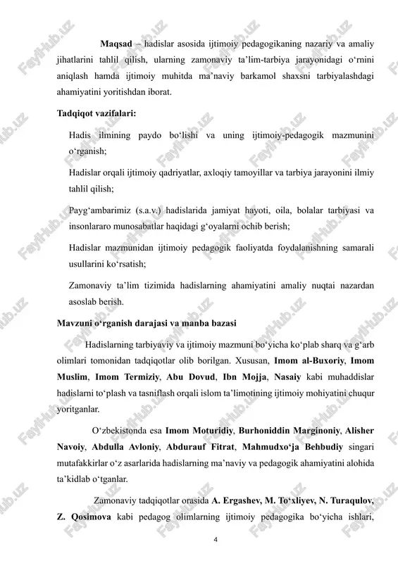 afaqat diniy, balki ijtimoiy hayoti ham boshqariladi. hadislar, asosan, **payg‘ambar muhammad (s.a.v.)**ning so‘zlari, amallari va taqdirlari (ya’ni biror ishni ma’qullagan yoki man etmagan holatlari)ni o‘z ichiga oladi. hadis ilmining kelib chiqishi ilm al-hadīth — bu “hadisshunoslik” deb ham ataladigan, peyg‘ambarimiz muhammad (s.a.v.)ning so‘zlari, amallari hamda tasdiqlari sifatida rivoyat qilingan hadislarni yig‘ish, tasniflash, ishonchliligini tekshirish va sharhlashga bag‘ishlangan mustaqil ilmiy yo‘nalishdir. bu ilmning paydo bo‘lishi bir necha omillarga bog‘liq bo‘lgan: erta davrda hadislarning og‘zaki saqlanishi va yozma shaklga o‘tishi peyg‘ambarimiz (s.a.v.) davrida va sahobalar (as-sahāba) davrida hadislar ko‘proq og‘zaki ravishda tarqalgan. sahobalar bir-biridan eshitganlarini takrorlar, yozuvchilarga topshirishgan. biroq keyinchalik musulmon jamoalarda hududlar kengaydi, islom hukmdorlik hududlari juda ko‘paydi, jamiyatda o‘zgarishlar ro‘y berdi. shu bilan birga hadislarning ko‘pligi, turli rivoyatlar paydo bo‘lishi bilan yozma shaklga o‘tish zarurati tug‘ildi. rivoyatlarning xilma-xilligi va yolg‘on hadislarning paydo bo‘lishi musulmonlar birinchi asrlardan boshlab din, huquq, axloq, ijtimoiy munosabatlar haqidagi masalalarda hadis rivoyatlaridan foydalanishgan. shu bilan birga, …