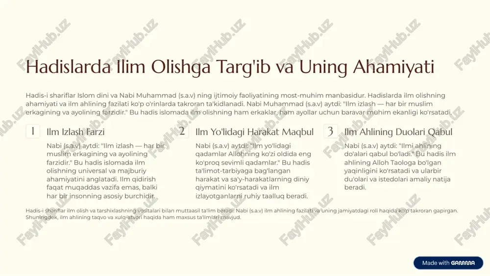 inadi: farz-i ayn (har bir insonning shaxsiy farzi) va farz-i kifaya (jamiyat sifatida farz). farz-i ayn ilmlari: namozni, rozani, zayotni, zakotni to'g'ri bajarish uchun zarur bo'lgan diniy bilimlardir. farz-i kifaya ilmlari: tibbiyot, muhandislik, qonun, tarix, falsafa va boshqa ilmlar bo'lib, jamiyat ulardan birini kam bo'lmasa bir nechtasini talab qiladi. 1 farz-i ayn din va ibodat ilmlari 4 har bir kishi uchun majburiy 2 asosiy bilimlar o'qish, yozish, hisob-kitob, din asoslari 3 farz-i kifaya jamiyat sifatida zarur bo'lgan ilmlar 4 tibbiyot, muhandislik, qonun 4 mustahab ilmlar qo'shimcha bilimlar 4 san'at, adab, falsafa islom dini ilm olishni shunchaki ruhiy faoliyat sifatida emas, balki har bir insonning hayot va amaliy faoliyatining asosidir. o'z shaxsi uchun zarur bo'lgan ilmlar o'rganish, ularni amalda tatbiq etish, shuningdek jamiyatning ehtiyoji bo'yicha ilmlar qayta ijro qilish 4 bu musulmonning asosiy mas'uliyatlaridur. https://gamma.app/?utm_source=made-with-gamma ilmning turlari: dunyoviy va diniy ilmlar uyg'unligi islomiya falsofa traditsiyasida ilmning turlari ro'yxatga olinib kelingan. asosan …