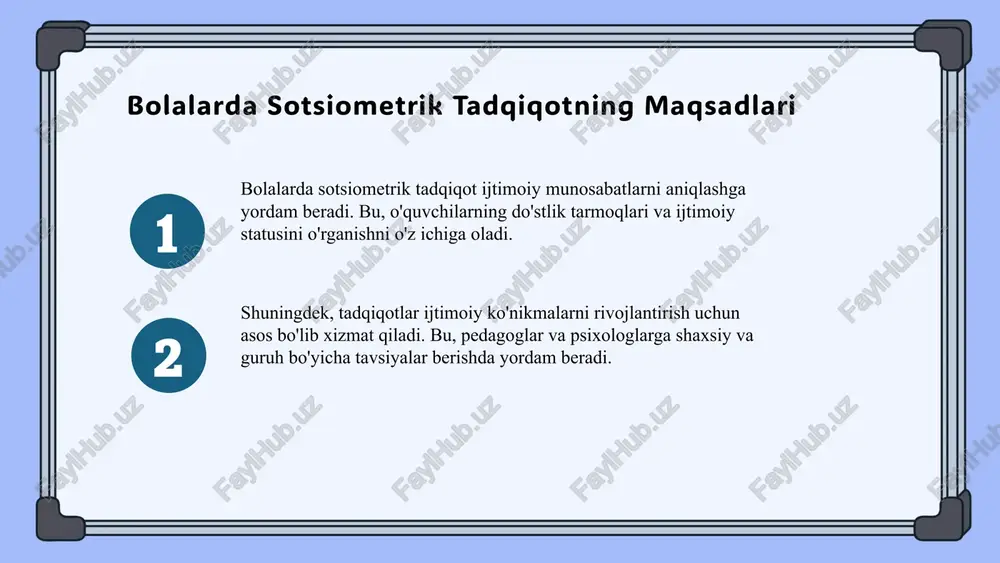 lar va ma'lumot to'plashda muammolar yuzaga keladi. bolalar bilan ishlashda subyektivlik, o'zaro ta'sir va muloqot cheklovlari muhim muammo bo'lib, ularni hal qilish uchun o'yin, texnologiyalar va psixologik yondashuvlar qo'llaniladi. photo by kenny eliason on unsplash kelajakda sotsiometrik tadqiqotlar kelajakda sotsiometrik tadqiqotlar innovatsion texnologiyalar, masalan, sun'iy intellekt va katta ma'lumotlar yordamida rivojlanadi. bu usullar virtual muhitlarda bolalar o'rtasidagi ijtimoiy aloqalarni chuqurroq tahlil qilish imkonini beradi, rivojlanishni kuzatish va muammolarni aniqlashda yordam beradi. yangi texnologiyalar sotsiometrik tadqiqotlarning ahamiyatini oshiradi, bolalarda ijtimoiy ko'nikmalarni rivojlantirish va muammo boshlanishining oldini olish uchun imkoniyatlar yaratadi. bu ma'lumotlarni to'plash va tahlil qilish jarayonlarini soddalashtiradi. bolalarda sotsiometrik tadqiqot natijalari tadqiqot natijalari bolalarning ijtimoiy aloqalari va munosabatlarini aniqlashda muhimdir. ular orasidagi o'zaro bog'liqlik va guruhdagi o'rinlar haqida ma'lumot beradi. statistik tahlil va sotsiometrik indekslar yordamida bolalarning ijtimoiy rollari va munosabatlarining kuchli va zaif tomonlari aniqlanadi. grafiklar va diagrammalar natijalarni vizuallashtirish uchun ishlatiladi. natijalar asosida tahlil qilish metodlari, masalan, indekslar, …