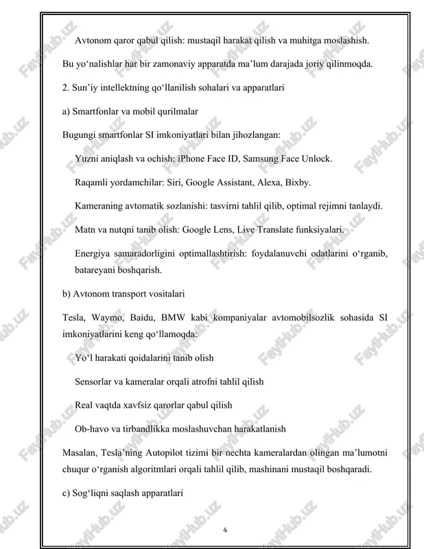 zlik: ai imkoniyatlari ba’zi davlatlar uchun qulay, boshqalar uchun esa yo‘q. 5. raqamli dunyo va kelajak istiqbollari kelajakda sun’iy intellekt apparatlari yanada rivojlanadi. quyidagi yo‘nalishlarda jadal rivoj kutilmoqda: metaverse: ai yordamida yaratilgan virtual olamlar. ai kuchli superkompyuterlar: ilmiy izlanishlarni tezlashtiradi. bio-integratsiyalashgan apparatlar: inson miyasi bilan bog‘lanadigan qurilmalar (neuralink). kiberxavfsizlikning ai asosidagi avtomatik himoyasi. si bilan qo‘llab-quvvatlanadigan ta’lim tizimlari – har bir talabaning bilim darajasiga moslashuvchan ta’lim. sun’iy intellektning zamonaviy apparatlarda qo‘llanilishi texnologik inqilobdir. ushbu texnologiyalar nafaqat kundalik hayotimizni qulaylashtirmoqda, balki tibbiyot, sanoat, transport va ta’lim sohalarini ham tubdan o‘zgartirmoqda. ammo bu yutuqlar bilan bir qatorda ijtimoiy, huquqiy va axloqiy muammolar ham paydo bo‘lmoqda. shunday ekan, sun’iy intellektni mas’uliyat bilan ishlab chiqish va qo‘llash jamiyatning barcha qatlamlari uchun muhimdir. kelajakda si texnologiyalari inson hayotining ajralmas qismiga aylanishi shubhasiz. sun’iy intellekt texnologiyalarining zamonaviy qurilmalarda qo‘llanilishi qurilma turi si qo‘llanilishi asosiy texnologiyalar yetakchi ishlab chiqaruvchilar real misollar smartfonlar yuzni aniqlash, ovozli yordamchilar, kamera …