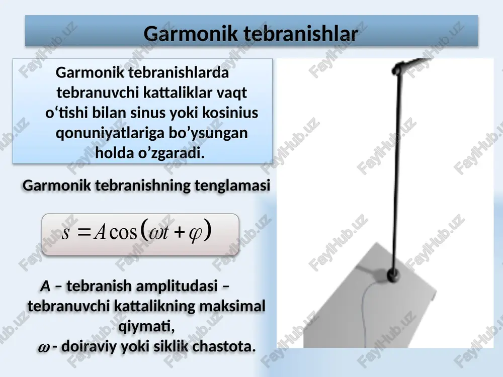 li ikkita garmonik tebranishlarni qo’shganda hosil bo’ladigan tebranishlar amplitudasining davriy o’zgarishi teplilar deb ataladi. tepki tepki 22 bir xil chastotali o’zaro perpendikulyar bo’lgan garmonik tebranishlarni qo’shish x va y o’qlar yo’nalishida o’zaro perpendikulyar bo’lgan, bir xil chastotali ikkita garmonik tebranishlarni olamiz. bu yerda  - tebranishlar fazalari farqi, a va v — ularning amplitudalari. natijaviy tebranish trayektoriyasi tengalamasi – koordinatalar o’qlariga nisbatan ixtiyoriy joylashgan ellips tenglamasidir. bunday tebranishlar elliptik qutblangan tebranishlar deb ataldi. 23 chiziqli qutblangan tebranishlar agarda fazalar farqi quyidagiga teng bo’lsa, u holda ellips to’g’ri chiziq kesmasiga aylanadi + ishorasi m ning nol va juft qiymatlariga to’g’ri keladi va – ishora m ning toq qiymatlariga to’g’ri keladi. natijaviy tebranishlar  chastotali va quyidagi amplitudali garmonik tebranishdir u x o’q bilan quyidagi burchak ostida bo’lgan to’ri chiziqda tebranadi bunday tebranishlar chiziqli qutblangan tebranishlar deb ataladi. 24 stirkulyar qutblangan tebranishlar agarda fazalar farqi quyidagiga teng bo’lsa u holda trayektoriya tenglamasi …