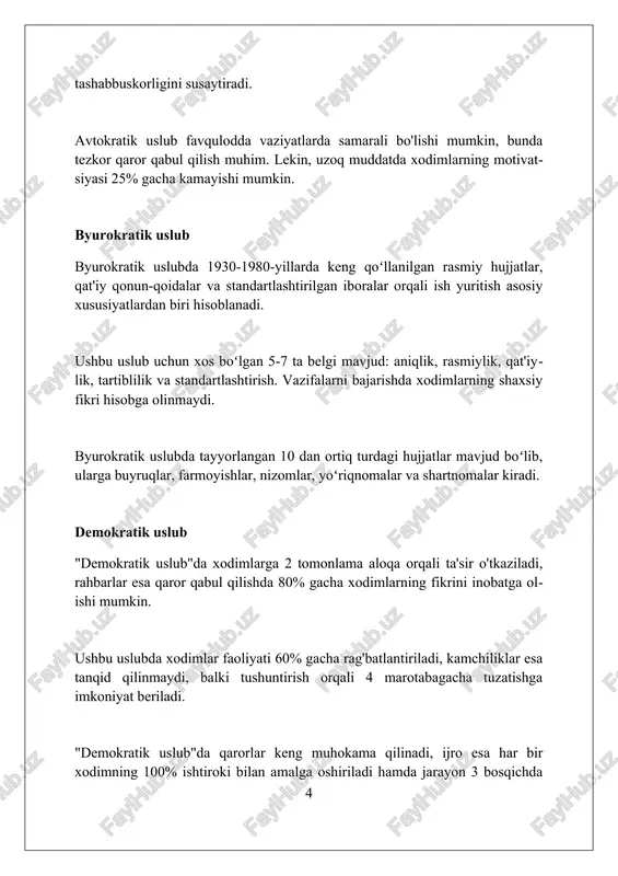 a ishtirokini rag'batlantiradi, bu esa adolatli boshqaruv tamoyillarini mustahkamlaydi. boshqaruv madaniyati 70% hollarda xodimlarning motivatsiyasini oshiradi, bu esa yuqori natijalarga erishishga yordam beradi. uslubni tanlash omillari murojaat etilayotgan auditoriya xususiyatlari, masalan, ularning bilim darajasi, yoshi va madaniyati, uslub tanlashga sezilarli ta'sir ko'rsatadi. yozuvchi 100% aniqlik bilan tushunilishni ta'minlashi kerak. kommunikatsiya maqsadi muhim omil: axborot berish, ishontirish yoki ko'ngil ochish maqsadlari turli xil uslublarni talab qiladi. maqsad, taxminan 85% uslub tanlashni belgilaydi. mavzuning murakkabligi va texnik xususiyatlari ham uslubga ta'sir o'tkazadi. masalan, huquqiy hujjatlar aniqlik uchun 90% rasmiy uslubni talab qilishi mumkin. uslublarning afzalliklari va kamchiliklari rasmiy uslublar aniqlikni ta'minlaydi, ammo 1) murakkabligi sababli tushunish qiyin bo'lishi mumkin; 2) individual fikr yo'qligi ijodkorlikni cheklaydi; 3) byurokratik kechikishlar natijasida samaradorlik pasayadi. rasmiy uslublarning afzalliklari: 1) standartlash orqali adolat ta'minlanadi; 2) hujjatlashtirish tartibi aniq; 3) axborot almashinuvi tezlashadi, kamchiliklari esa moslashuvchanlikning past darajasi. rasmiy uslublar, qonuniy hujjatlarda muhim ahamiyatga ega. 1) aniqlikni oshiradi; …
