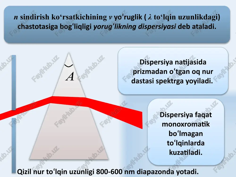 a vektor tebranishi barcha yo’nalishlarda teng huquqli bo’lib, tartibsiz o’z orientatsiyasini o’zgartiradi. yorug’lik nuri o’tadigan tekislikning faqat bittasida tebranadigan yorug’lik vektori chiziqli qutblangan yoki yassi qutblangan deb ataladi. qutblantirgich analizator tabiiy yorug’lik qutblangan yorug’lik 19 tabiiy yorug’lik y z 0 ey x qutblanish tekisligi yassi qutblangan to’lqinning, to’lqin tarqalishidagi yorug’lik vektori tebranishi yo’nalishidan o’tadigan tekislik – qutblanish tekisligi deb ataladi. y – kogerent emas 20 qutblangan yorug’lik – kogerent x y x y x y x y chiziqli elliptik doiraviy chiziqli tabiiy nurni, kristallografik o’qiga parallel kesilgan turmalin kristall plastinkasidan o’tkazishda, chiziqli qutblangan yorug’likni oson olish mumkin. turmalin kristali kuchli anizotrop bo’lgani sababli, optik o’qqa perpendikulyar bo’lgan elektr vektorlaridan iborat bo’lgan yorug’lik nurlarini kuchli yutadi. 21 ikkita o’zaro perpendikulyar tekisliklarda qutblangan ikkita monoxromatik to’lqinlar yagona bitta yo’nalish bo’yicha tarqalishi vaqtida ko’chishlari natijasida elleptik qutblangan to’lqin hosil bo’ladi. 22 qutblanish 23 lazer manbai chiqarayotgan chiziqli – qutblangan yorug‘lik 24 qutblanish darajasi …
