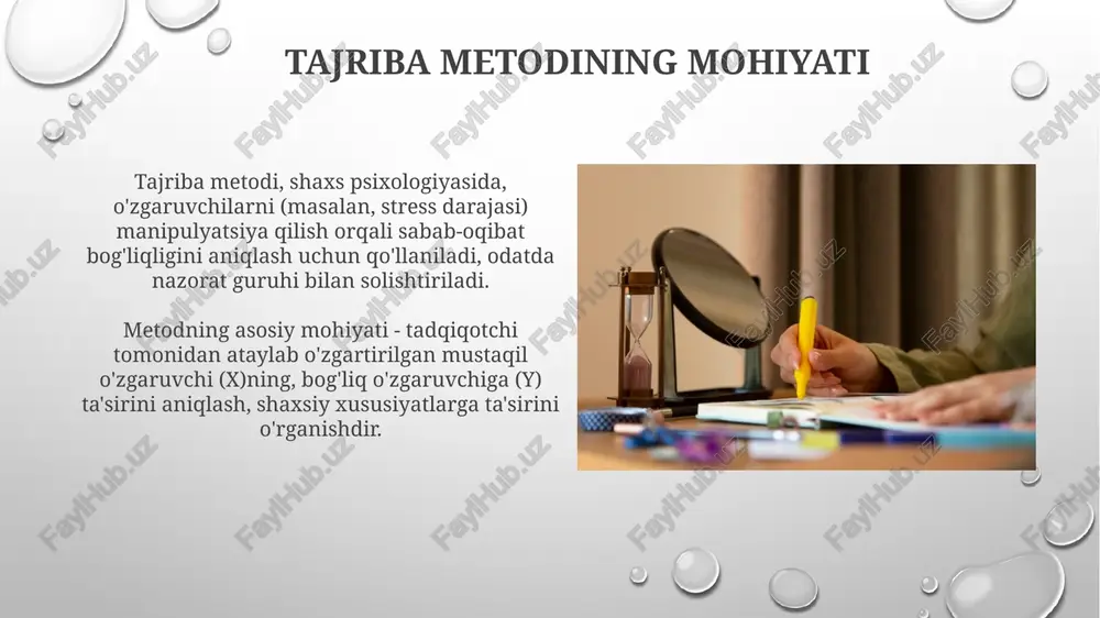 yoki mahbus kabi harakat qilishlarini namoyish etdi. tajribaning afzalliklari va kamchiliklari tajribalar sabab-oqibat aloqalarini aniqlashda qulaylik yaratadi, chunki tadqiqotchi oʻzgaruvchilarni nazorat qilib, ularning taʼsirini 0.05 p-value darajasida oʻrganishi mumkin. tajribalarda subyektlar sun'iy muhitda boʻlganligi sababli, xulq-atvorning tabiiyligi pasayishi mumkin, bu esa 95% ishonch intervalida xatolikka olib keladi. xulosalar xulosalar statistik ahamiyatga ega bo'lishi kerak, p < 0.05, bu tasodifiy emasligini ko'rsatadi; 95% ishonch oralig'i natijalarni tasdiqlash uchun zarur. xulosalar eksperimentdagi farazni qo'llab-quvvatlashi yoki rad etishi mumkin, natijalar nazariy modelga qanday mos kelishini aniqlash kerak. kelajakdagi yo'nalishlar shaxsiyat psixologiyasi tadqiqotlarida genetik ma'lumotlar va katta ma'lumotlar to'plamlari birlashuvi, 23andme kabi xizmatlar orqali yig'ilgan ma'lumotlar asosida shaxsiyatning biologik asoslarini chuqurroq tushunishga olib keladi. sun'iy intellekt va mashinaviy o'qitish shaxsiyat testlarini optimallashtiradi, shaxsiyat xususiyatlarini baholashning yanada nozik va moslashuvchan usullarini yaratish uchun shaxsiyat ma'lumotlarini tahlil qilishga imkon beradi. e'tiboringiz uchun rahmat image4.png image3.png image5.jpg image6.jpg image7.jpg image8.jpg image9.jpg image10.jpg image11.jpg image12.jpg image13.jpg image14.jpg image15.jpg …