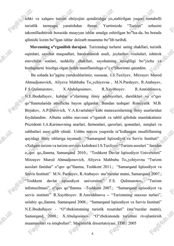 ibador joy”, “turistik maskan”, va “turistik manzil” ilmiy tushunchalarining asl mohiyatiga nazariy aniqlik kiritib, o‟zaro taqqoslab, turistik manzillarning mavjudligi, turistik o‟lkaning jozibadorligini va turizm samaradodligini oshirish imkoniyatlarini nazariy asoslash; · o‟zbekiston zamonaviy turizm turlari xalqaro bozorda turistik hududlar bilan munosib raqobat olib boradigan, turistik oqimning barqarorligini ta‟minlashga qodir bo‟lgan va undan samarali foydalanadigan, turistik sifatni kafolatlovchi nufuzga ega bo‟lishga erisha oladigan milliy turistik taklif tizimlarini shakllantirish. kurs ishining hajmi. kurs ishi kirish, ikkita bob, xulosa, foydalanilgan adabiyotlar ro‟yxatidan tashkil topgan bo‟lib – 52 betdan iborat. kurs ishida 5 ta jadval, 2 ta rasm, 2 ta diagramma keltirilgan. biz o‟z ishimizni bu sohaga tayangan holda mustaqillik yillarida mamlakatimizning boy tarixiy, madaniy, ijodkorlik va yaratuvchilik merosi, tabiatimizdagi tabiiy-tarixiy ko„rinishlar, xalqlarimizning o„tmish madaniyatini, hayotini aks ettirgan bitiklar, hunarmandchilik ijodlari kabi ishlab chiqish sohalarini ham ichki va xalqaro turistik resurslarga aylantirishning juda katta imkoniyatlari mavjud. respublikamizda turizmning keng qamrovli va salohiyatli turlari bilan birga …