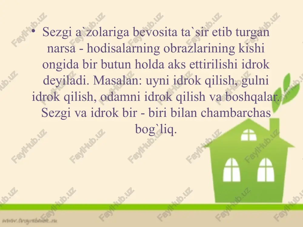 ok qilish. fazoni idrok qilish undagi narsalarning shaklini, hajmini va o`zaro munosabatlarini aks ettirishdir. 2. vaqtni idrok qilish biz idrok qilib turgan narsa - hodisalar muayyan vaqt davomida paydo bo`ladi, o`zgaradi va o`tib ketadi. vaqt materiya mavjudligining asosiy shakllaridan biridir. vaqtni idrok qilish voqelikdagi hodisalarning ob`ektiv tezligi, davomiyligi va muntazamligini aks ettirishdir. vaqtni idrok qilish ob`ektiv reallikni aks ettirib, kishini o`rab olgan muhitda mo`ljal olishiga imkon beradi. 3. harakatni idrok qilish tevarak - atrofdagi narsa - hodisalar muayyan vaqt davomida o`z o`rinlarini almashtirib turadilar. kishilar narsa - hodisalarning fazoda o`rin almashtirib turishini, ya`ni harakatini ham idrok qiladilar. harakatni idrok qilishda ko`rish analizatori asosiy rol’ o`ynaydi. tezlik, tezlanish va harakatning yo`nalishi harakat qilayotgan ob`ektiv parametridir. odam narsalarning harakati haqida ikki yo`l bilan ma`lumot olishi mumkin: 1. harakatni bevosita idrok qilish. 2. harakat haqida xulosa chiqarish. image1.jpeg image2.png image3.jpeg image4.png image5.png image6.png image7.jpeg image8.png image9.jpeg image10.png image11.jpeg image12.jpeg /docprops/thumbnail.jpeg