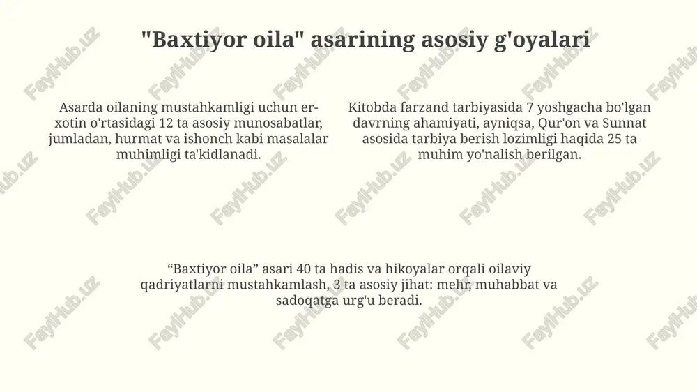 va 7 ta diniy qadriyatlarga asoslangan hayot kechirish. kitobda 21-asr oilalarida uchraydigan muammolar, jumladan, tarbiya uslublari, moliyaviy kelishmovchiliklar va texnologiyaning salbiy taʼsiri kabi 3 ta dolzarb masalalar muhokama qilingan. asardan misollar va hikoyalar "asardan misollar va hikoyalar" kitobida 25 ta sahobaning hayoti, ularning fidoyiligi va islom diniga qo'shgan hissasi haqida hikoyalar mavjud. "asardan misollar va hikoyalar"da 40 hadisdan iborat qisqa hikoyalar keltirilgan boʻlib, ularda paygʻambarimiz muhammad alayhissalomning hayotidan ibratli voqealar tasvirlangan. ushbu kitobda 100 dan ortiq turli mavzulardagi hikoyalar jamlangan boʻlib, ularning har biri qur’on oyatlari va hadislar bilan asoslangan. zamonaviy oilalarga shayxning maslahatlari shayx zamonaviy oilalarga ertalabki namozni birgalikda o'qishni maslahat beradi, bu oila a'zolarini ruhiy jihatdan yaqinlashtirib, kun davomida baraka keltiradi. shayx oilada halol rizq topishning ahamiyatini ta'kidlaydi va oila a'zolarini haromdan saqlanishga chaqiradi, zero bu oila baxtiga katta ta'sir etadi. shayxning fikricha, farzand tarbiyasida 7 yoshgacha mehr-muhabbat, 7 yoshdan 14 yoshgacha adolat va 14 yoshdan keyin do'stlik …