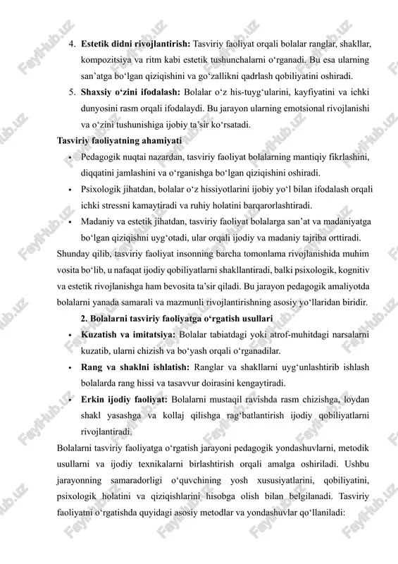 tatsiya usuli bu usul bolalarga tabiat, atrof-muhit va hayotiy vaziyatlarni diqqat bilan kuzatish orqali rasm chizishni o‘rgatishga asoslangan. · maqsad: bolalarda vizual xotira, tafakkur va detallarni e’tiborga olish qobiliyatini shakllantirish. · metodika: o‘qituvchi yoki tarbiyachi hayvonlar, o‘simliklar, me’moriy ob’yektlar yoki kundalik hayotdagi narsalarni namoyish qiladi, bolalar esa ularni rasm, kollaj yoki loy yordamida qayta ifodalaydi. · amaliy afzallik: kuzatish va imitatsiya bolalarda estetik didni, shakl va rangni tanlashni rivojlantiradi. 2. rang va shakl bilan ishlash bolalarni ranglar, shakllar va kompozitsiyalar bilan ishlashga o‘rgatish ijodiy fikrlash va rang hissini rivojlantirishga xizmat qiladi. · maqsad: rang uyg‘unligi, kontrast, ohang va shakllar orasidagi bog‘liqlikni tushuntirish. · metodika: bolalar turli rangdagi bo‘yoqlar, qalamlar, markerlar yoki loy bilan eksperiment qiladi, shakllarni aralashtiradi va o‘z rasm kompozitsiyasini yaratadi. · amaliy afzallik: rang va shakl bilan ishlash bolalarda tasavvur doirasini kengaytiradi, ijodiy mustaqillikni rag‘batlantiradi. 3. erkin ijodiy faoliyat bolalar mustaqil ravishda ijodiy mahsulot yaratish orqali o‘z fikr …