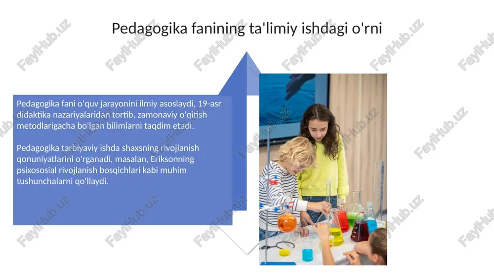 belgilangan ta'lim olish huquqini kafolatlaydi va uni tartibga soladi. “ta’lim to‘g‘risida”gi qonunning 4-moddasiga muvofiq, ta’lim va tarbiya insonparvarlik, ustuvorlik, demokratiya tamoyillari asosida amalga oshiriladi. ilmiy-tadqiqot metodlarining ta'limiy ishda qo'llanilishi pedagogik tadqiqotlar o'quv jarayonini 3 bosqichda: kuzatish, eksperiment va tahlil orqali yaxshilashga qaratilgan bo'lib, natijada samaradorlik 15-20% ga oshishi mumkin. so'rovnomalar, testlar va intervyular kabi ilmiy metodlar o'quvchilarning qiziqishlarini aniqlashga yordam beradi, darslarni 25% ga moslashtirish va motivatsiyani oshirish imkonini beradi. ta'limiy ishning samaradorligini baholash mezonlari o'quv jarayonida o'quvchilarning bilim darajasi 70% dan yuqori bo'lishi, o'quv materialini tushunish va amaliyotda qo'llash qobiliyati baholash mezonidir. darslarda o'quvchilarning faollik koeffitsienti 0.8 dan yuqori bo'lishi, savollarga javob berish va topshiriqlarni bajarish tezligi samaradorlikni ko'rsatadi. e'tiboringiz uchun rahmat image3.png image4.jpg image5.jpg image6.jpg image7.jpg image8.jpg image9.jpg image10.jpg image11.jpg image12.jpg image13.jpg image14.jpg image15.jpg image16.jpg image17.jpg image18.png image19.jpg image20.jpg image21.jpg image1.jpeg image2.jpeg