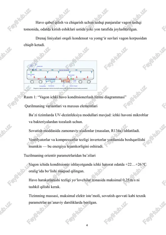 ladi va u bug‘lanadi. shu jarayonda havo ichidagi issiqlik sovutish moddasiga o‘tadi va havo sovutiladi. sovutish jarayoni issiqlik almashinuvi tamoyiliga asoslangan. suyuqlikni siqish va kondensatsiya (kompressor va kondensator): bug‘latgichdan chiqqan sovutish moddasining bug‘i kompressor orqali siqiladi. siqilgan bug‘ yuqori bosim ostida kondensatorga yuboriladi, u yerda issiqlik tashqi muhitga chiqariladi va modda suyuq holatga keladi. bu jarayon konditsionerning energiya samaradorligini oshiradi. sovutilgan havoni tarqatish: ventilyatorlar sovutilgan havoni vagon ichidagi shamollatish kanallari orqali tarqatadi. shu bilan birga, avtomatik boshqaruv tizimi haroratni belgilangan darajada ushlab turadi. havo aylanishi va shamollatish tezligi yo‘lovchilar uchun qulay sharoit yaratadi. drenaj va namlikni chiqarish: bug‘latgichda hosil bo‘lgan kondensat drenaj liniyalari orqali tashqariga chiqariladi, bu esa ichki havoning namligini nazorat qiladi va texnik nosozliklarning oldini oladi. avtomatlashtirilgan boshqaruv zamonaviy vagonlarda konditsionerlar raqamli boshqaruv tizimi bilan jihozlangan. bu tizim havoning haroratini real vaqt rejimida kuzatadi, shamollatish tezligini moslashtiradi, energiya sarfini optimallashtiradi va nosozliklar haqida signal beradi. shu tarzda, tizim …