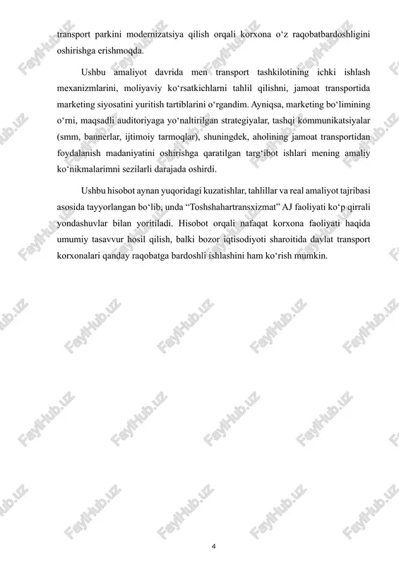 orot-kommunikatsiya texnologiyalarini tatbiq etgan holda yo‘lovchilarga interaktiv xizmatlar ko‘rsatish; haydovchi va boshqa xizmat ko‘rsatuvchi xodimlar salohiyatini doimiy oshirib borish; davlat hamda xalqaro loyihalarda ishtirok etish orqali transport infratuzilmasini modernizatsiya qilish. korxonaning asosiy faoliyat yo‘nalishlari quyidagilardir: 1. yo‘lovchi tashish xizmatlari — muntazam avtobus va elektrobus qatnovlarini tashkil qilish. elektrobuslar 2. transport tizimi boshqaruvi — dispetcherlik va monitoring markazlari orqali real vaqt rejimida transport oqimini nazorat qilish. 3. texnik xizmatlar — avtoparkdagi transport vositalariga texnik xizmat ko‘rsatish, ta’mirlash va diagnostika ishlarini amalga oshirish. 4. axborot tizimlarini joriy etish — yo‘lovchilar uchun mobil ilovalar, qr-bilet tizimi, elektron to‘lov va gps asosidagi kuzatuv vositalarini ishga tushirish. 5. kadrlar siyosati — haydovchilar, texnik xodimlar va menejerlarning bilim va ko‘nikmalarini oshirish uchun malaka oshirish kurslari va sertifikatlashtirish tizimlarini yo‘lga qo‘yish. boshqaruv strukturasiga kelsak, “toshshahartransxizmat” aj o‘z faoliyatini o‘zbekiston respublikasi transport vazirligining umumiy rahbarligi ostida amalga oshiradi. korxonaning yuqori rahbariyati — boshqaruv raisi, uning o‘rinbosarlari va bo‘lim …