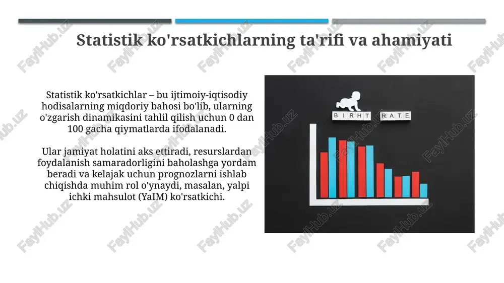 i taqsimlashda yordam beradi. statistik ko'rsatkichlarni talqin qilish va tahlil qilish statistik ko'rsatkichlar tahlili, o'zgarish tendensiyalarini aniqlash uchun dinamika seriyalarini o'rganishni o'z ichiga oladi. masalan, yim o'sishi 3% dan 5% gacha o'sishi iqtisodiy faollik oshganini ko'rsatadi. regressiya tahlili kabi usullar, omillar o'rtasidagi bog'liqlikni aniqlashda yordam beradi. r-kvadrat ko'rsatkichi (0 dan 1 gacha) modelning ma'lumotlarga mos kelish darajasini aks ettiradi. e'tiboringiz uchun rahmat image1.png image2.jpg image3.jpg image4.jpg image5.jpg image6.jpg image7.jpg image8.jpg image9.jpg image10.jpg image11.jpg image12.jpg image13.jpg image14.jpg image15.jpg image16.jpg