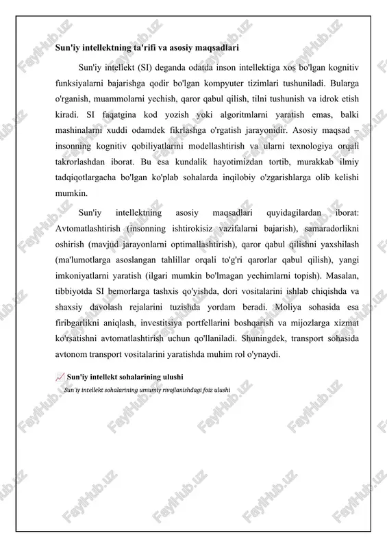 sh imkoniyatini beradi. nlp sun'iy intellektning keng qamrovli sohasi bo'lib, matnlarni tahlil qilish, tarjima qilish, tushunish va yaratish kabi turli vazifalarni o'z ichiga oladi. nlp usullari matnni ma'lumotga aylantirish uchun tilshunoslik, kompyuter fanlari va mashinani o'rganish usullaridan foydalanadi. ushbu sohada keng qo'llaniladigan vazifalardan biri – matn tahlili, bunda matnning hissiyotini (positive, negative, neutral) aniqlash maqsad qilinadi. masalan, mijozlarning fikr-mulohazalarini tahlil qilish orqali mahsulot yoki xizmatning sifatini baholash mumkin. boshqa muhim vazifalarga avtomatik tarjima, so'roqlarga javob berish (question answering), matnni xulosalash (text summarization) va dialog tizimlari (chatbots) kiradi. avtomatik tarjima ko'p tilli aloqani osonlashtiradi, so'roqlarga javob berish tizimlari ma'lumotlarni tezda topish imkoniyatini beradi, matnni xulosalash esa katta hajmdagi matnlarni qisqartirishga yordam beradi. chatbotlar esa mijozlarga xizmat ko'rsatish, savollarga javob berish va boshqa vazifalarni avtomatlashtirish uchun ishlatiladi. nlp algoritmlari, odatda, katta hajmdagi matn ma'lumotlarida o'rgatiladi va neyron tarmoqlardan foydalanish so'nggi yillarda katta yutuqlarga olib keldi. misol uchun, bert, gpt kabi modellar juda …