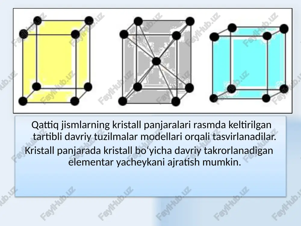va manfiy ionlar orasidagi elektrostatik tortishish kuchlari hisobiga xlorli natriy kristali hosil bo‘ladi. 14 kovalent bog‘lanish olmos. uglerodning neytral atomlari, elektron bulutlarning tutashishi hisobiga, olmos kristalini hosil qiladilar. yadrolar orasidagi fazoda elektron bulutlar zichligining ortishi tizim energiyasining kamayishiga va atomlar orasida tortishish kuchlarini vujudga keltiradi va kovalent bog‘lanishni hosil qiladi. 15 kremniy, germaniy kristallarida elementar katakchadagi atom valent bog‘lanishni to‘rtta yaqin qo‘shni atomlar bilan hosil qiladi. shu to‘rtta kovalent bog‘lanishlarni hosil qiluvchi har ikki elektron qarama-qarshi spinlarga ega bo‘ladi. 16 atomlarning yaqinlashishi bilan begona atomlarga elektronlarning o‘tish ehtimoli ortadi va bu atomlarning elektron bulutlari bir-birini to‘sa boshlaydi. atomlarning keyingi yaqinlashishida bulutlarning to‘silish darajasi va elektronlarning almashish chastotasi osha boradi, 1 - elektronning a- atomga, 2 -elektronning v - atomga tegishli ekanligi o‘z kuchini yo‘qotadi shunday qilib, bu holatda elektronlar bir vaqtda ikkala yadroga tegishli bo‘ladi va ular umumlashgan hisoblanadi. 17 metall bog‘lanish natriy. ishqor natriyning valent elektronlari o‘z atomlarini tashlab …