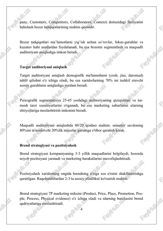 arga ajratish, o'rtacha ochiqlik darajasini 14,3% ga va ctr (bosish darajasi) ni sezilarli darajada oshirishi mumkin. a/b sinovlarida elektron pochta mavzu satri, sarlavhalar, cta (harakatga chaqiruv) tugmalari va elektron pochta dizaynini doimiy ravishda optimallashtirish konversiya darajasini 20% dan 30% gacha ko'tarishi mumkin. marketing byudjetini rejalashtirish marketing budjetini rejalashtirishda, maqsadli auditoriyani aniqlash orqali xarajatlarni optimallashtirish va roi (investitsiya qaytarilishi) ko'rsatkichini oshirish muhim. byudjet tuzishda '70-20-10' qoidasidan foydalanish mumkin: 70% isbotlangan strategiyalarga, 20% yangi usullarga, 10% esa tadqiqot va rivojlanishga ajratiladi. marketing budjetini rejalashtirishda, raqobatchilarning xarajatlarini tahlil qilish va ularning samaradorligini o'rganish orqali o'z strategiyangizni yaxshilashingiz mumkin. marketing metrikalari va tahlil konversiya tezligi (cr) - bu muhim metrika bo'lib, veb-saytga tashrif buyuruvchilarning necha foizi maqsadga erishganini ko'rsatadi, masalan, 5% cr har 100 tashrifdan 5 tasi xarid qilganini anglatadi. xaridorning umrbod qiymati (cltv) xaridordan olinadigan umumiy daromadni o'lchaydi; cltv 1000 aqsh dollari va xarajatlar 500 aqsh dollari bo'lsa, foyda 500 aqsh dollarini tashkil …