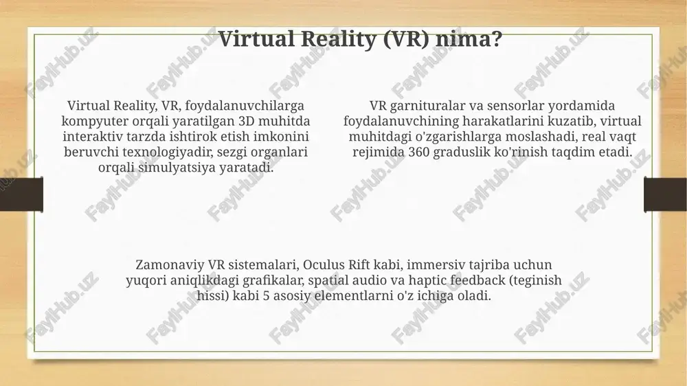 llashtirish uchun katta moliyaviy resurslarni talab qiladi. vr texnologiyalarining imkoniyatlari cheklanganligi sababli, barcha tarixiy jarayonlarni to'liq aks ettirish qiyin, xususan, insonning hissiy tajribasi va ijtimoiy dinamikani modellashtirishda muammolar mavjud. tarixiy ma'lumotlarning aniqligi va ishonchliligi vr simulyatsiyasida muhim ahamiyatga ega; noto'g'ri yoki to'liq bo'lmagan ma'lumotlar noto'g'ri talqinlarga olib kelishi mumkin. vrning tarixiy obidalarni saqlashdagi o'rni vr tarixiy obidalar uchun interaktiv sayohatlarni yaratishga imkon beradi, bu esa obidaga tashrif buyurishning iloji bo'lmagan odamlarga 80% ko'proq ma'lumot olish imkonini beradi. vr texnologiyasi murakkab, 3d modellashtirish orqali tarixiy obidalarning aniq virtual nusxalarini yaratadi, bu esa uning degradatsiyasini kuzatish va uni 1:1 nisbatda saqlashga yordam beradi. virtual reallik restavratsiya jarayonida arxeologlar va tarixchilarga obidaning asl ko'rinishini vizualizatsiya qilishga imkon beradi, bu esa rekonstruktsiya loyihalarini 95% gacha aniqroq qiladi. tadqiqotlar va istiqbollar vr texnologiyalari arxeologik qazishmalarni 3d rekonstruksiya qilishda qo'llaniladi, bu esa tarixiy artefaktlarning tahlilini 10% ga oshiradi va ularni saqlash imkonini beradi. tarixiy janglarni vr …