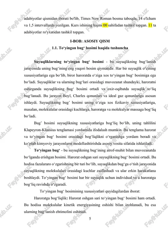 gi kuchlar zaiflashadi va ular erkin harakatlana boshlaydi. to‘yingan bug‘ bosimi har bir suyuqlik uchun individual va u haroratga bog‘liq ravishda o‘zgaradi. to‘yingan bug‘ bosimining xususiyatlari quyidagilardan iborat: haroratga bog‘liqlik: harorat oshgan sari to‘yingan bug‘ bosimi ham ortadi. bu hodisa molekulalar kinetik energiyasining oshishi bilan izohlanadi, bu esa ularning bug‘lanish ehtimolini oshiradi. suyuqlikning xususiyatlari: molekulyar og‘irlik va molekulyar tuzilma ham to‘yingan bug‘ bosimiga ta’sir qiladi. molekulyar og‘irligi kichik bo‘lgan moddalarda bug‘ bosimi yuqori bo‘ladi. suyuqlikning to‘yinganligi: harorat va bosim kombinatsiyasi suyuqlikning bug‘lanish potentsialini belgilaydi, bu esa to‘yinganlikni aniqlashga imkon beradi. bug’ bosimi va uni aniqlovchi omillar bug’ bosimi har bir suyuqlik uchun o‘ziga xosdir va uni bir necha omillar aniqlaydi: harorat: harorat ortgan sari molekulalar orasidagi energiya ko‘payadi, bu esa ularning bug‘lanishini oshiradi va bug‘ bosimi ortadi. suyuqlikning molekulyar tuzilmasi: molekulyar og‘irlik va polarlik, shuningdek, suyuqlikning intermolekulyar kuchlari to‘yingan bug‘ bosimiga ta’sir qiladi. o‘zgarmas molekulyar tuzilmalarga ega suyuqliklar yuqori bug‘ …