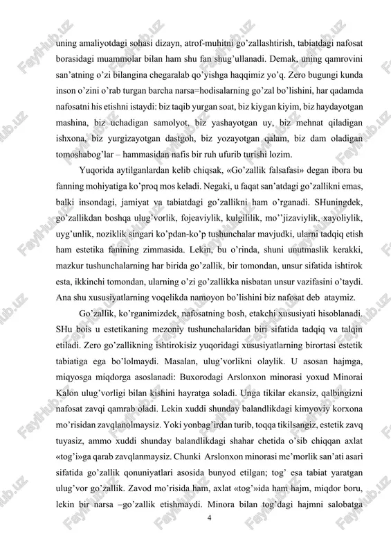 ug’vorlik; fojeaviylik bilan ulug’vorlik xususiyatlarining omuxtalashuvi natijasida esa go’zal manzara, qayg’uli va ulug’vor go’zallik vujudga kelgan. shuning uchun ham napoleonning hayrotomuz xitobi bejiz emas. ayni paytda go’zallik yuqorida keltirilgan estetik xususiyatlar va tushunchalarning «mustaqilligiga» daxl qilmaydi, faqat ularning hujayrasida u yoki bu darajadagi unsur sifatida ishtirok etadi. demak, estetikaning asosiy tadqiqot ob’ekti – go’zallik, biroq, birinchi galdagi vazifasi ana shu go’zallikni aks ettirish bo’lgan san’at ham o’z navbatida nafosatshunoslikning keng qamrovli tadqiqot ob’ekti hisoblanadi. 2.estetik ong, estetik his-tuyg’u va estetik did tushunchalari estetik ong – olamni estetik anglash, dunyoga inson munosabatining subyektiv tomoni. u ijtimoiy ong shakllaridan biri sifatida axloqiy ong, siyosiy ong, huquqiy ong, diniy ong, falsafiy ong kabi ijtimoiy hodisalar bilan bir qatorda turadi. estetik ong maʼnaviy-ruhiy voqea-hodisalar majmui boʻlib, ular ijtimoiy hayot zaminida vujudga keladigan estetik his, estetik did, fikr, orzu-qarash nazariy tizimini anglatadi. estetik ong axloqiy ong bilan barobar tarzda, ijtimoiy ongning boshqa shakllaridan oldinroq vujudga …