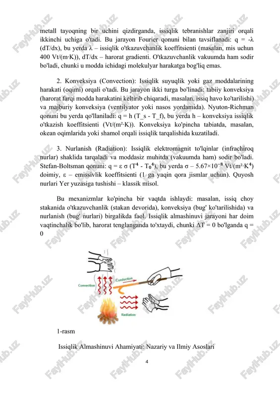 dagi misollar - issiqlik almashinuvi ahamiyati amaliyotda yanada yaqqol namoyon bo'ladi, chunki u energiya tejash, xavfsizlik va qulaylikni ta'minlaydi: · uy va qurilish sohasida: uy izolyatsiyasi (masalan, polistirol plitalar) o'tkazuvchanlikni kamaytirib, issiqlik yo'qotishini 50% ga qisqartiradi. qishda issiqlik saqlash, yozda sovutish – bu issiqlik almashinuvi tamoyillariga asoslangan. masalan, ikki oynali derazalar orasidagi havo qatlami konveksiyani sekinlashtiradi. · transport va avtomobilsozlik: avtomobil dvigatelida issiqlik almashinuvi sovutish tizimi orqali amalga oshiriladi. radiatorlarda suv oqimi (konveksiya) va finlar (yuzani kengaytirish) issiqlikni shamolga o'tkazadi. elektr avtomobillarda batareya sovutish issiqlik almashinuvi modellari bilan hisoblanadi, bu batareya umrini 2-3 marta uzaytiradi. · elektronika va kompyuterlar: smartfon yoki kompyuter protsessorlarida issiqlik to'planishi (overheating) qurilmani buzishi mumkin. sovutgichlar (heatsinks) o'tkazuvchanlik va konveksiyani birlashtirib, haroratni 70-80°c dan 40°c ga tushiradi. bu sanoatda yiliga milliardlab dollar tejaydi. · tibbiyot va biologiya: inson tanasida issiqlik almashinuvi termoregulyatsiyani ta'minlaydi – ter orqali konveksiya va nurlanish orqali. jarrohlikda lazerlar nurlanish tamoyiliga asoslanadi. pandemiya …