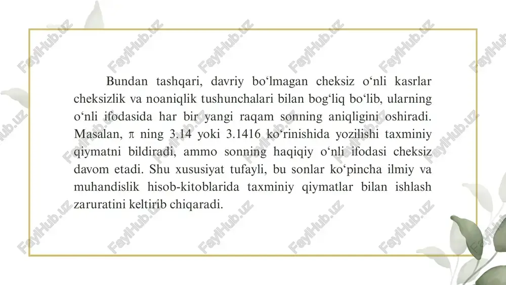 asrlar taxminiy qiymatlar bilan ifodalanadi, ya’ni ularning bir qismi kesiladi, ammo bu aniqlikka jiddiy zarar yetkazmaydi. davriy bo‘lmagan cheksiz o‘nli kasrlar matematika nazariyasi nuqtai nazaridan ham alohida ahamiyatga ega. ular yordamida sonlar to‘plamining to‘liqligi ta’minlanadi. masalan, haqiqiy sonlar to‘plamida ratsional sonlar qatorida davriy bo‘lmagan cheksiz o‘nli kasrlar (irratsional sonlar) mavjud bo‘lmasa, sonlar o‘qi uzluksiz bo‘lmaydi. aynan shu kasrlar sonlar orasidagi bo‘shliqlarni to‘ldiradi va sonlar to‘plamining uzluksizligini saqlab turadi. shuningdek, bu sonlar matematik analiz, geometriya, fizika va iqtisodiy modellashtirish fanlarida cheksiz jarayonlarni tavsiflash uchun ishlatiladi. masalan, to‘lqin harakati, radius va perimetr nisbati, moliyaviy o‘sishning uzluksiz modeli, hamda matematik limit va integral tushunchalarida davriy bo‘lmagan cheksiz o‘nli kasrlarning ahamiyati beqiyosdir. ular yordamida cheksizlik, aniqlik va yaqinlashuv kabi tushunchalar aniq matematik ifodaga ega bo‘ladi. davriy bo‘lmagan cheksiz o‘nli kasrlar matematikada va hayotiy amaliyotda muhim o‘rin tutadi. ular irratsional sonlar bo‘lib, verguldan keyin raqamlar cheksiz davom etadi va hech qanday tartib bilan takrorlanmaydi. bunday …
