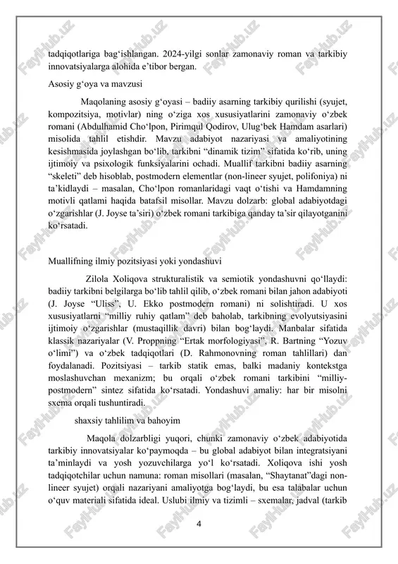k va zamonaviy jarayonlarga bag‘ishlangan. maqola nomi va muallif ma’lumotlari jurnalning rasmiy saytida (jahon-adabiyoti.uz) arxivlangan bo‘lib, zamonaviy roman tahlillariga oid ishlar orasida joylashgan. maqola muallifi va nomi maqola muallifi – filologiya fanlari nomzodi, dotsent zilola xoliqova. u samarqand davlat universiteti adabiyotshunoslik kafedrasida dars beruvchi bo‘lib, zamonaviy o‘zbek nasri bo‘yicha bir necha maqola va dissertatsiya muallifi. maqola nomi: “badiiy asar tarkibining xos xususiyatlari: zamonaviy o‘zbek romani misolida”. maqola chop etilgan jurnal va yili maqola “jahon adabiyoti” ilmiy-adabiy jurnalining 2024-yil 2-sonida chop etilgan. jurnal o‘zbekiston yozuvchilar uyushmasi tomonidan chiqariladigan nufuzli nashr bo‘lib, jahon va milliy adabiyotning qiyosiy tadqiqotlariga bag‘ishlangan. 2024-yilgi sonlar zamonaviy roman va tarkibiy innovatsiyalarga alohida e’tibor bergan. asosiy g‘oya va mavzusi maqolaning asosiy g‘oyasi – badiiy asarning tarkibiy qurilishi (syujet, kompozitsiya, motivlar) ning o‘ziga xos xususiyatlarini zamonaviy o‘zbek romani (abdulhamid cho‘lpon, pirimqul qodirov, ulug‘bek hamdam asarlari) misolida tahlil etishdir. mavzu adabiyot nazariyasi va amaliyotining kesishmasida joylashgan bo‘lib, tarkibni “dinamik tizim” …