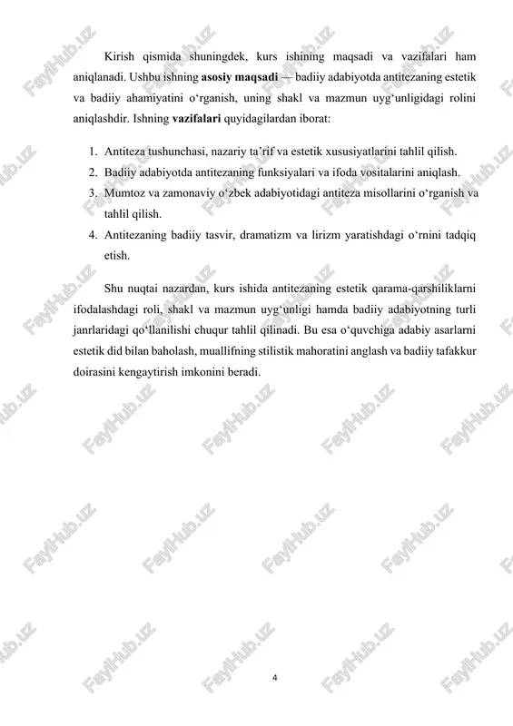 r badiiy matnni nafaqat mazmunan, balki ritmik va fonetik jihatdan boyitadi. nazariy adabiyotda antiteza quyidagi jihatlar bilan tavsiflanadi: 1. qarama-qarshi tushunchalarni vizual va semantik tarzda birlashtirish — bu xususiyat o‘quvchiga kontrastni sezdiradi va matnga dramatik ohang qo‘shadi. 2. badiiy ifodaning kuchini oshirish — qarama-qarshi elementlar bir-birini ta’kidlab, matn mazmunini yanada ta’sirchan qiladi. 3. stilistik va retorik vosita sifatida ishlatilishi — antiteza matnni ritmik, musiqiy va fonetik jihatdan boyitadi. antitezaning badiiy estetik xususiyatlari quyidagilardan iborat: · dramatizm yaratish — qarama-qarshi obraz va vaziyatlar o‘quvchida dramatik kechinmalar uyg‘otadi. · lirizm va hissiy uyg‘unlik — antiteza orqali shoir yoki yozuvchi insoniy his-tuyg‘ularni chuqur ifodalashi mumkin. · ritm va musiqiylikni kuchaytirish — misralardagi qarama-qarshi elementlar tovush va bo‘g‘in uyg‘unligini ta’minlab, she’rni musiqiy qiladi. · mazmunni kuchaytirish — qarama-qarshi tushunchalar bir-birini ta’kidlab, o‘quvchida estetik zavq uyg‘otadi. antiteza badiiy adabiyotda turli shakllarda namoyon bo‘ladi: 1. so‘z darajasida – qarama-qarshi ma’noga ega so‘zlar yoki atamalar bir misrada …