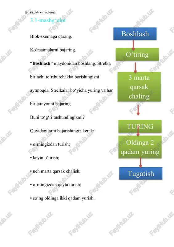 buyrugʻi control menyu b o‘limida joylashgan. 6.3-mashg‘ulot spraytni chapga emas, oʻngga burgan holda kvadrat shaklida harakatlantiring. 6.4-mashg‘ulot spraytni turli burchaklar ostida harakatlantiring. turli sonlarni kiriting va spraytning harakatlanishini kuzating. u siz kutgandek harakatlandimi? yangi mavzuni mustahkamlash: 2-amaliy ko‘nikma bo‘limida labirintdan chiqish uchun yozgan ketma-ketligingizni toping. ketma-ketlikni blok-sxema koʻrinishida yozib chiqing. undagi amallarni tekshirish uchun blok-sxemangizni doʻstingiz bilan almashing. uyga vazifa: mavzuga oid atamalarni o’zlashtirish. qo’shimcha ravishda mustaqil mashqlar bajarish. image3.png image4.png image5.png image6.png image7.png image8.png image9.png image10.png image11.png image12.png image13.png image14.png image15.png image16.png image17.png image18.png image19.jpeg image1.png image2.png