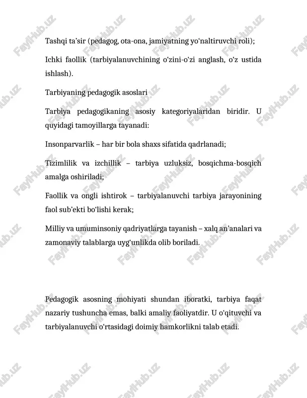 o‘z-o‘zini tarbiyalash pedagogik jarayonning ajralmas qismidir. shayx muhammad sodiq muhammad yusuf hazratlari inson tarbiyasini “yurakni poklash va niyatni tozalash” bilan boshlash lozimligini ta’kidlaganlar. u zot aytadilar: > “farzand tarbiyasi — eng buyuk jihod. chunki insonni to‘g‘ri yo‘lga boshlash, uni yomonlikdan saqlash jamiyatni halokatdan qutqaradi.” ularning ta’limotida diniy tarbiya bilan ma’naviy kamolot uyg‘unligi asosiy o‘rinda turadi. shayx hazratlari ota-onalarni farzandlariga namuna bo‘lish, ularni mehr, halollik, sabr-toqat va adolat ruhida tarbiyalashga da’vat etganlar. xulosa xulosa qilib aytganda, pedagogik jarayonda tarbiya inson kamolotining eng muhim omilidir. tarbiyasiz bilim, bilimlarsiz esa ma’naviyat to‘liq shakllanmaydi. shuning uchun har bir pedagog, ota-ona va jamiyat a’zosi tarbiya masalasiga mas’uliyat bilan yondashishi zarur. tarbiya jarayoni doimiy, izchil va ma’naviyatga asoslangan bo‘lmog‘i kerak. foydalanilgan adabiyotlar 1. o‘zbekiston respublikasi “ta’lim to‘g‘risida”gi qonuni, 2020. 2. karimov i.a. yuksak ma’naviyat – yengilmas kuch. – t.: ma’naviyat, 2008. 3. zunnunov a. pedagogika nazariyasi. – t.: o‘zbekiston, 2019. 4. muhammad sodiq muhammad yusuf. “tafsiri …