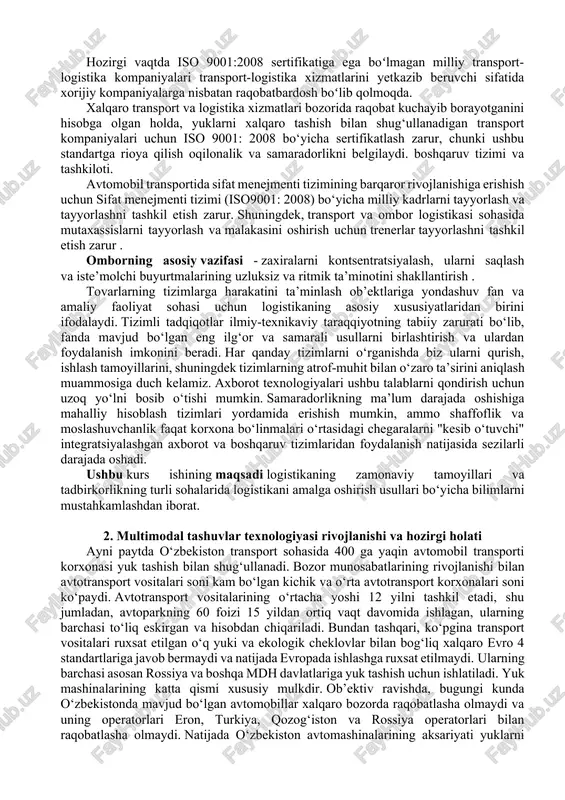 vob bermaydi va natijada evropada ishlashga ruxsat etilmaydi. ularning barchasi asosan rossiya va boshqa mdh davlatlariga yuk tashish uchun ishlatiladi. yuk mashinalarining katta qismi xususiy mulkdir. ob’ektiv ravishda, bugungi kunda o‘zbekistonda mavjud bo‘lgan avtomobillar xalqaro bozorda raqobatlasha olmaydi va uning operatorlari eron, turkiya, qozog‘iston va rossiya operatorlari bilan raqobatlasha olmaydi. natijada o‘zbekiston avtomashinalarining aksariyati yuklarni (masalan, paxta, qurilish materiallari, xalq iste’moli mollari va qishloq xo‘jaligi mahsulotlarini) mamlakat ichida tashishda foydalaniladi. oʻzbekistonda xalqaro avtomobil tashuvchilari uyushmasi (aircuz) faoliyat yuritadi. u xalqaro avtomobil tashuvlari xizmatlarini koʻrsatuvchi 130 dan ortiq avtomobil tashuvchi kompaniyalarni birlashtirgan . assotsiatsiya tir karnetlari ostida yuklarni xalqaro tashish to‘g‘risidagi bojxona konventsiyasiga (1975) muvofiq amalga oshirilgan transport operatsiyalari uchun javobgarlikni qoplaydigan kafolatlarni o‘z zimmasiga oladi va shu tariqa xalqaro darajada samarali davlat-xususiy sheriklikning a’zosi hisoblanadi . 2009 yilda milliy tashuvchilar 5972 bejiz aytilmagan carnets ishlatiladi va 102 tashildi 2010 8616 bejiz aytilmagan carnets chiqarilgan yilda tovarlar 452 tonna va 150 …