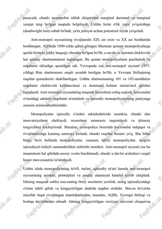 taklif qiluvchi yagona manba bo'lib, raqobatchilar yo'q yoki ularning ta'siri cheklangan. monopoliyaning ta'rifi iqtisodiy va huquqiy jihatlarda farq qiladi. iqtisodiy nuqtai nazardan, monopoliya bozor kuchiga (market power) ega bo'lib, narxlarni marginal xarajatlardan yuqori belgilash imkonini beradi. huquqiy nuqtai nazardan esa, monopoliya bozor ulushining katta qismi (masalan, 50% dan ortiq) egallash bilan bog'liq bo'lib, u anti-monopol qonunlari orqali tartibga solinadi. monopoliyaning ta'rifini batafsil ko'rib chiqsak, u bozor tuzilmasining bir shakli bo'lib, unda talab egri chizig'i korxona uchun pasayuvchi bo'ladi. bu holatda korxona narx va hajmni bir vaqtda belgilaydi, bu mukammal raqobatdan farq qiladi, chunki mukammal raqobatda korxonalar narx qabul qiluvchi (price taker) bo'ladi. monopoliyaning asosiy xususiyati kirish to'siqlari (barriers to entry) bo'lib, ular yangi korxonalar bozorga kirishini qiyinlashtiradi. bu to'siqlar yuqori kapital talabi, texnologik ustunlik, tabiiy resurslarni nazorat qilish, patentlar va tarmoq effektlaridan (network effects) iborat. monopoliyaning turlari quyidagilar bo'lib, ularni batafsil tahlil qilish lozim: - tabiiy monopoliya: bu turdagi monopoliya …