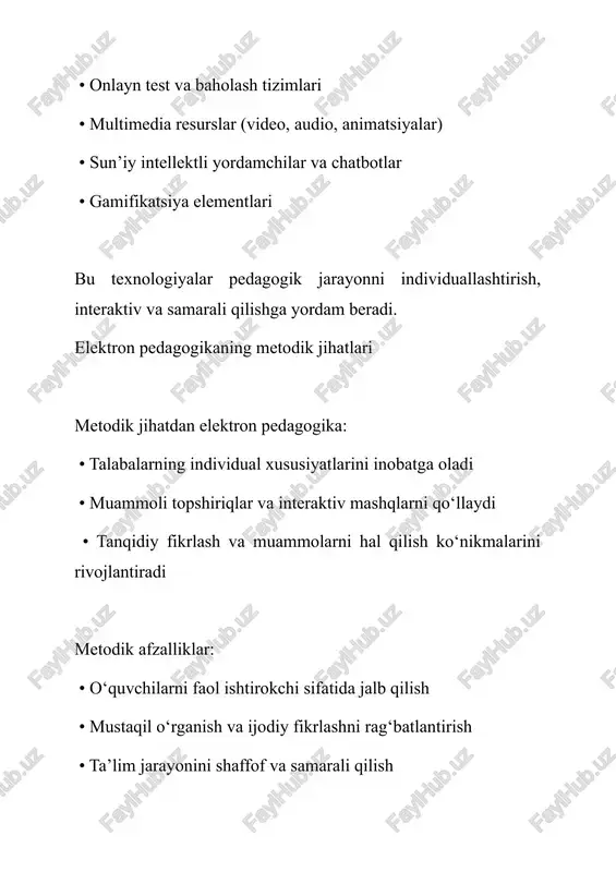 qituvchi va talaba o‘rtasidagi muloqotni interaktiv, samarali va ijodiy shaklga aylantiradi, shuningdek, o‘quvchilarning mustaqil fikrlash va tanqidiy qaror qabul qilish ko‘nikmalarini rivojlantiradi. elektron pedagogika orqali ta’lim: • istalgan joyda va vaqtda mavjud bo‘ladi, • talabalar o‘z tezligida o‘qiy oladi, • masofaviy va onlayn resurslar yordamida bilimlarni kengaytiradi, • ta’lim jarayoni samarali, shaffof va baholash tizimi tezkor bo‘ladi. o‘zbekiston ta’lim tizimida elektron pedagogikaning rivoji raqamli platformalar (ziyonet, e-maktab, uzedu.uz) orqali amalga oshmoqda. kelajakda bu pedagogik yo‘nalish sun’iy intellekt, virtual va kengaytirilgan haqiqat texnologiyalari yordamida ta’lim sifatini yanada oshirish, global va ochiq ta’lim imkoniyatlarini kengaytirish uchun muhim vosita bo‘ladi. shuni ta’kidlash lozimki, elektron pedagogika nafaqat texnologik vosita, balki ta’lim jarayonining nazariy, metodik va innovatsion asosini tashkil etadi. uning rivoji o‘quvchilarni raqamli jamiyatga tayyorlash, bilimlarni mustahkamlash va pedagogik jarayonlarni optimallashtirishga xizmat qiladi. umuman olganda, elektron pedagogika zamonaviy ta’limning intellektual poydevori bo‘lib, o‘qituvchilar va talabalarga cheksiz imkoniyatlar yaratadi, ta’lim sifatini yangi darajaga ko‘taradi va …